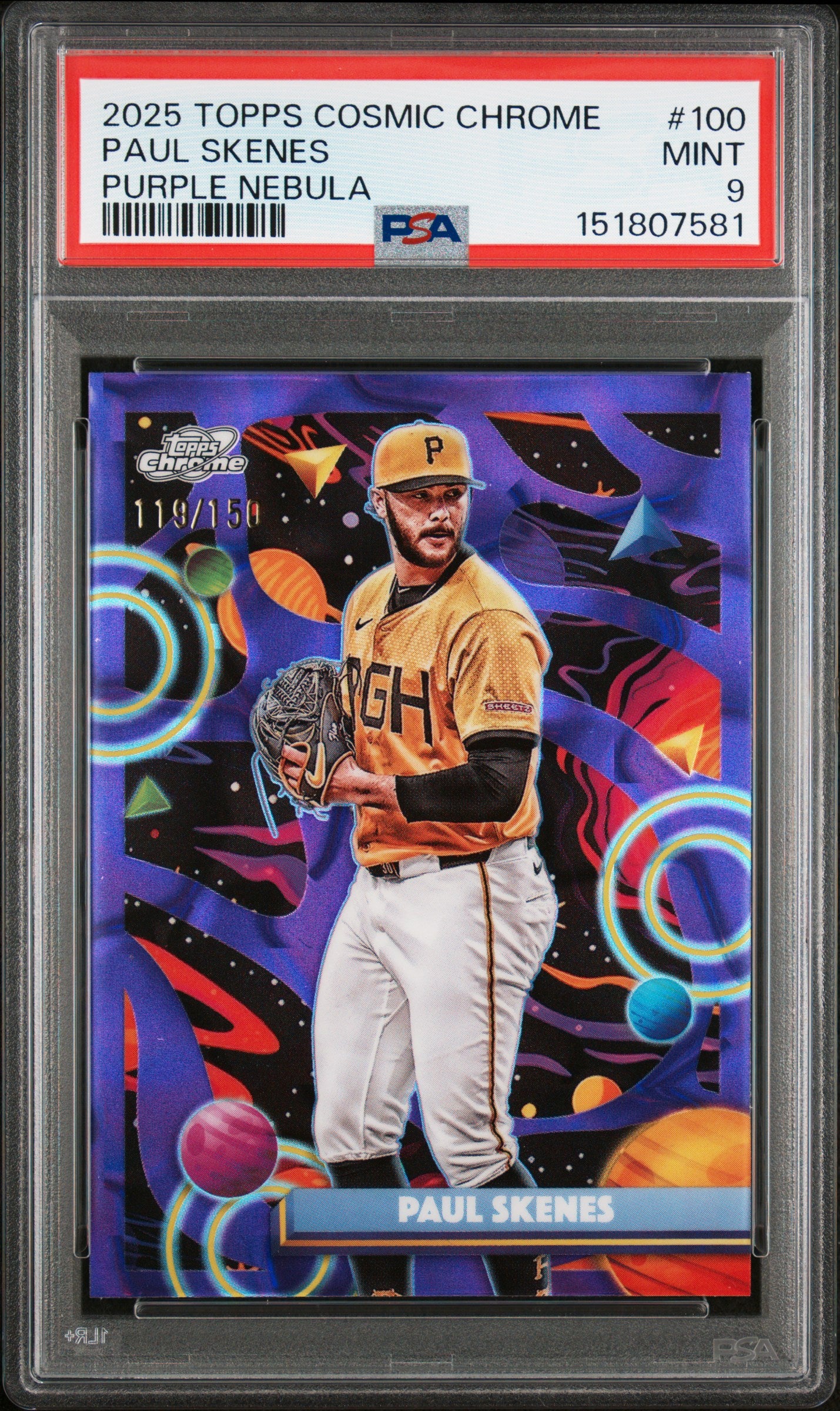 2025 TOPPS COSMIC CHROME 100 PAUL SKENES PURPLE NEBULA PSA 9 - front