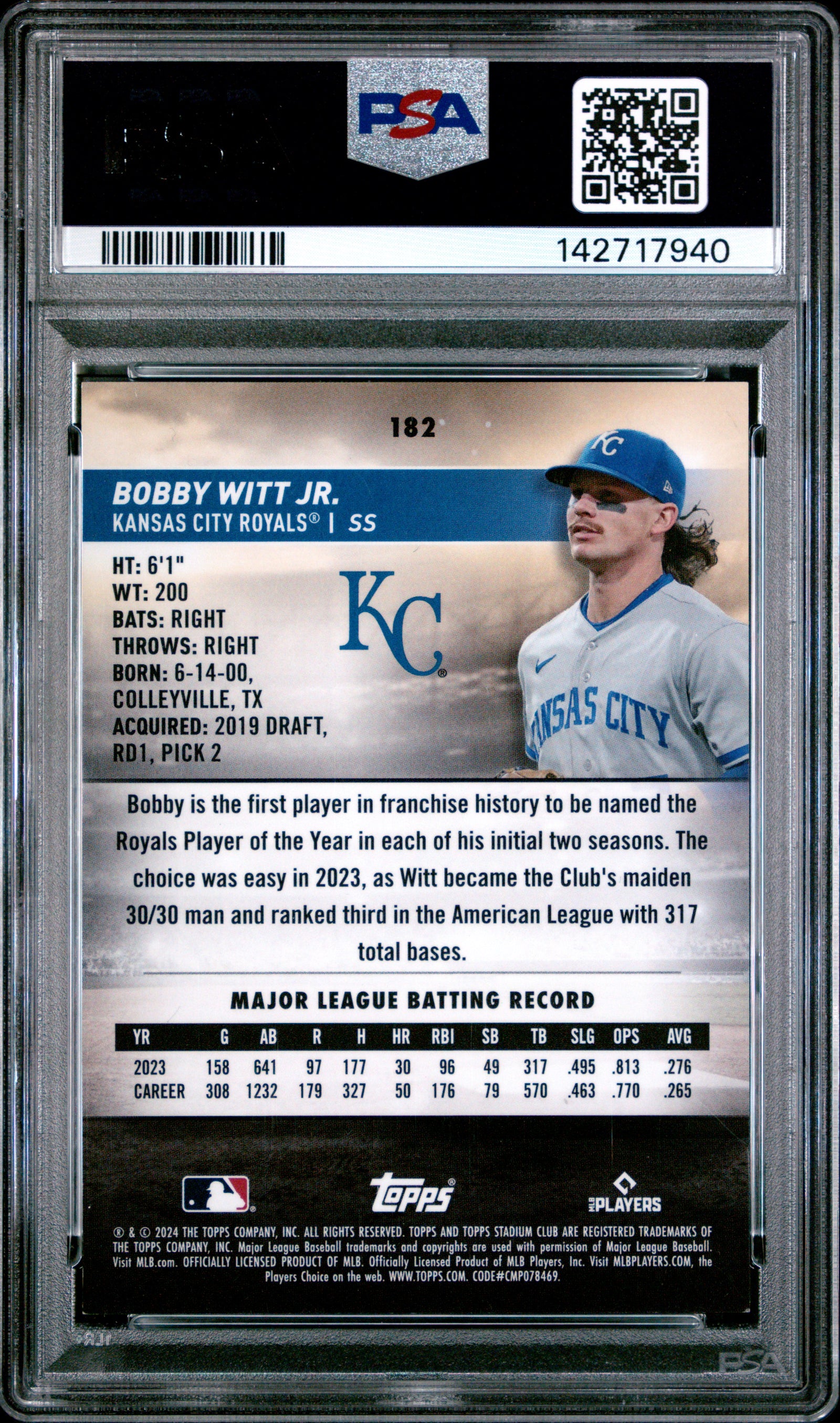 2024 Topps Stadium Club 182 Bobby Witt Jr. Chrome-Pearl White Refractor PSA 9