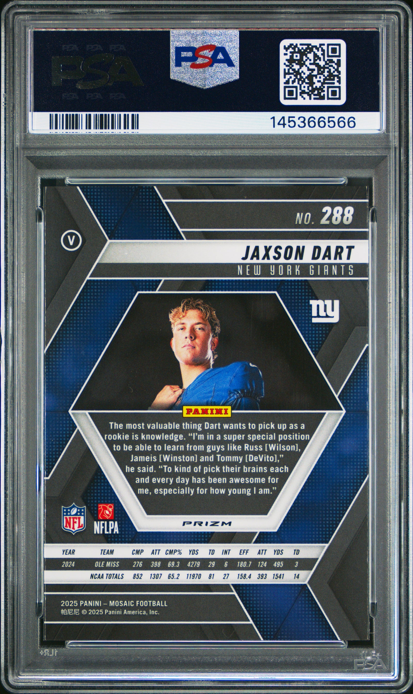 2025 Panini Mosaic 288 Jaxson Dart Mosaic PSA 10