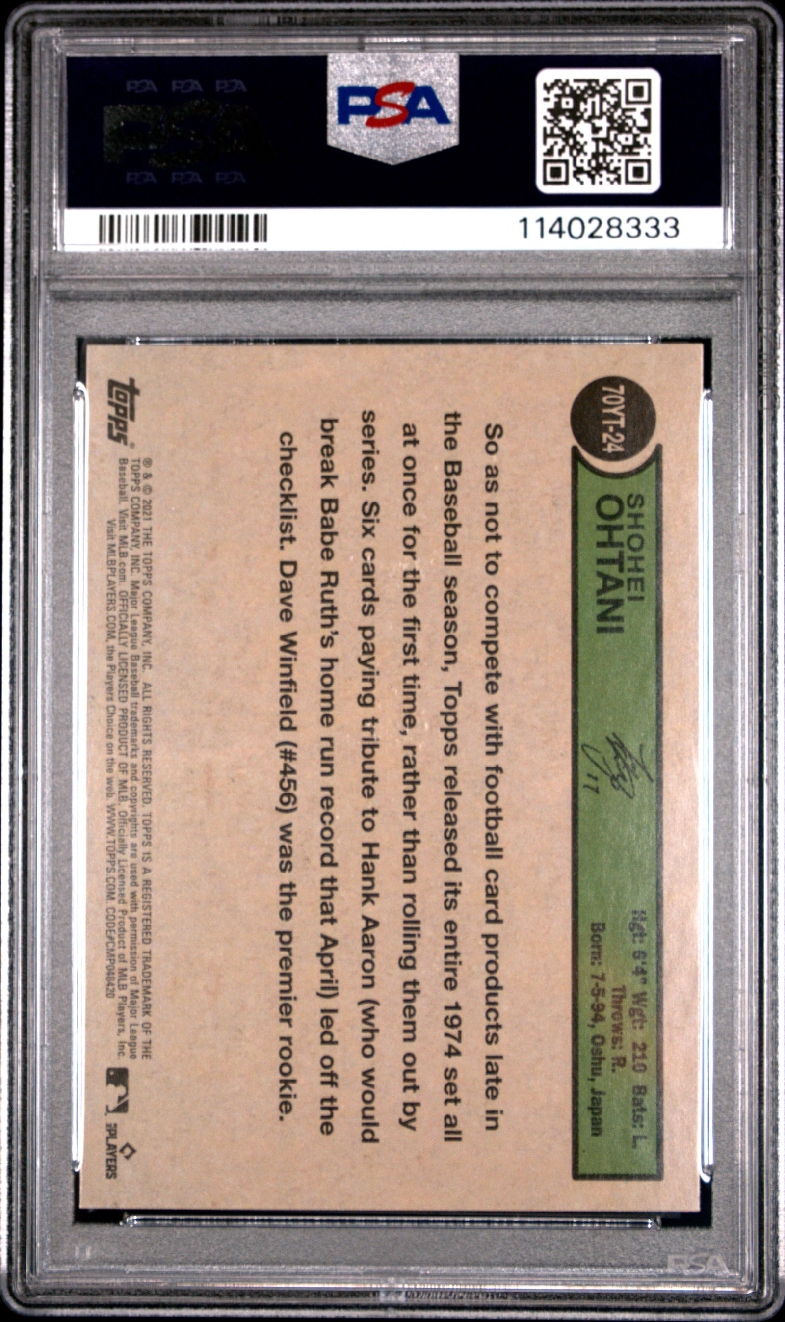 2021 Topps Update Shohei Ohtani 70 Years of Topps Baseball PSA 8