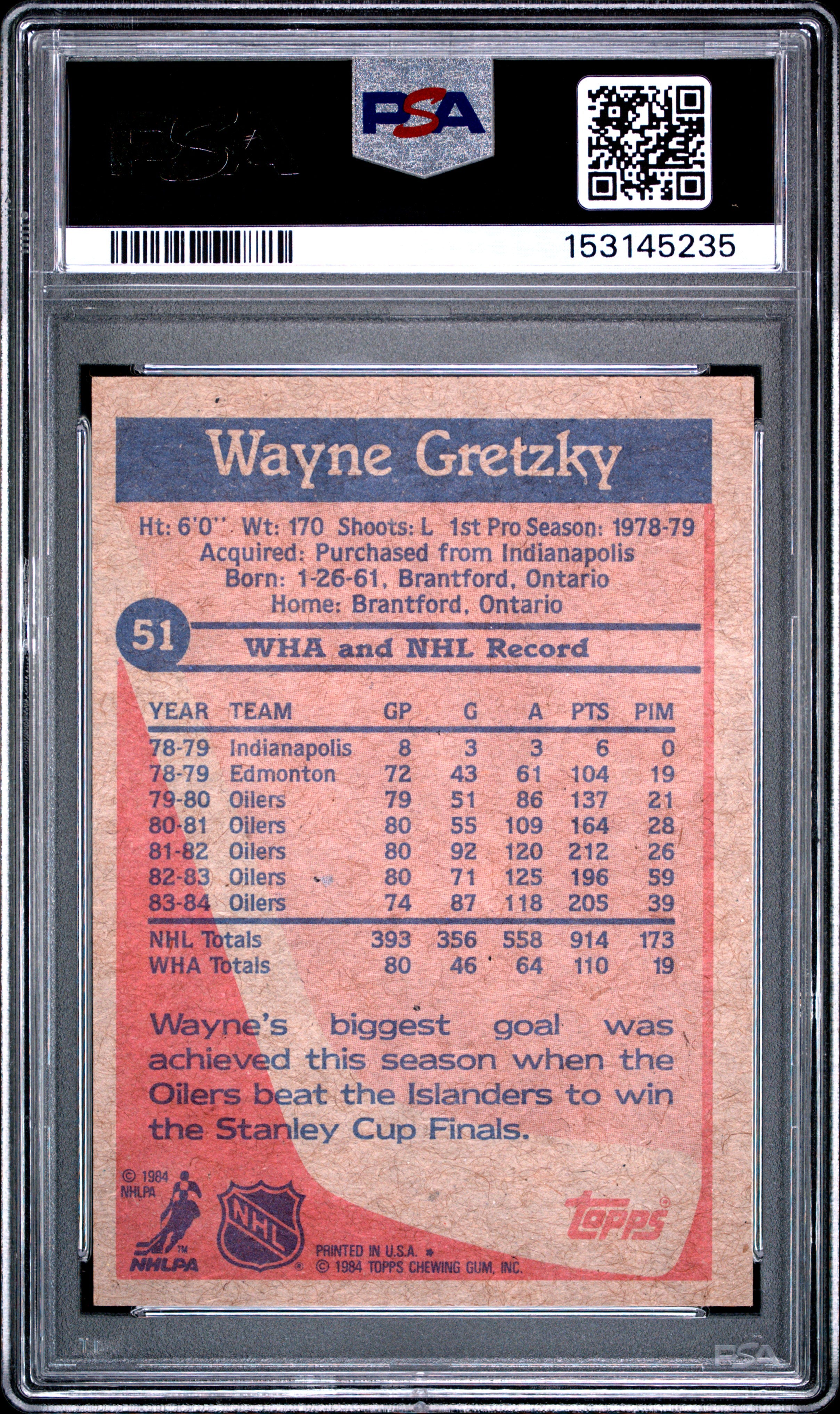 1984 TOPPS 51 WAYNE GRETZKY PSA 8 - back
