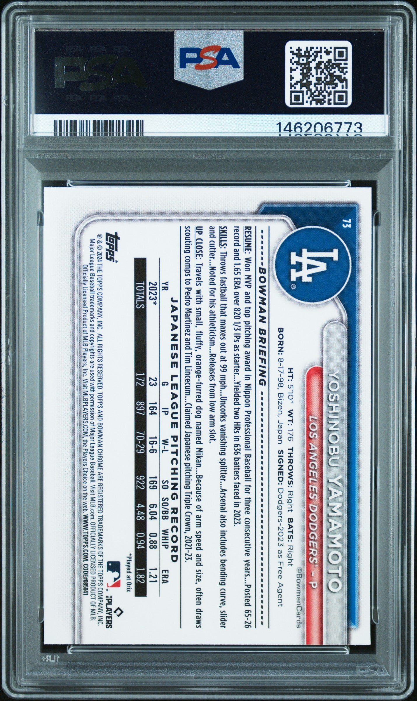 2024 Bowman Chrome 73 Yoshinobu Yamamoto PSA 10