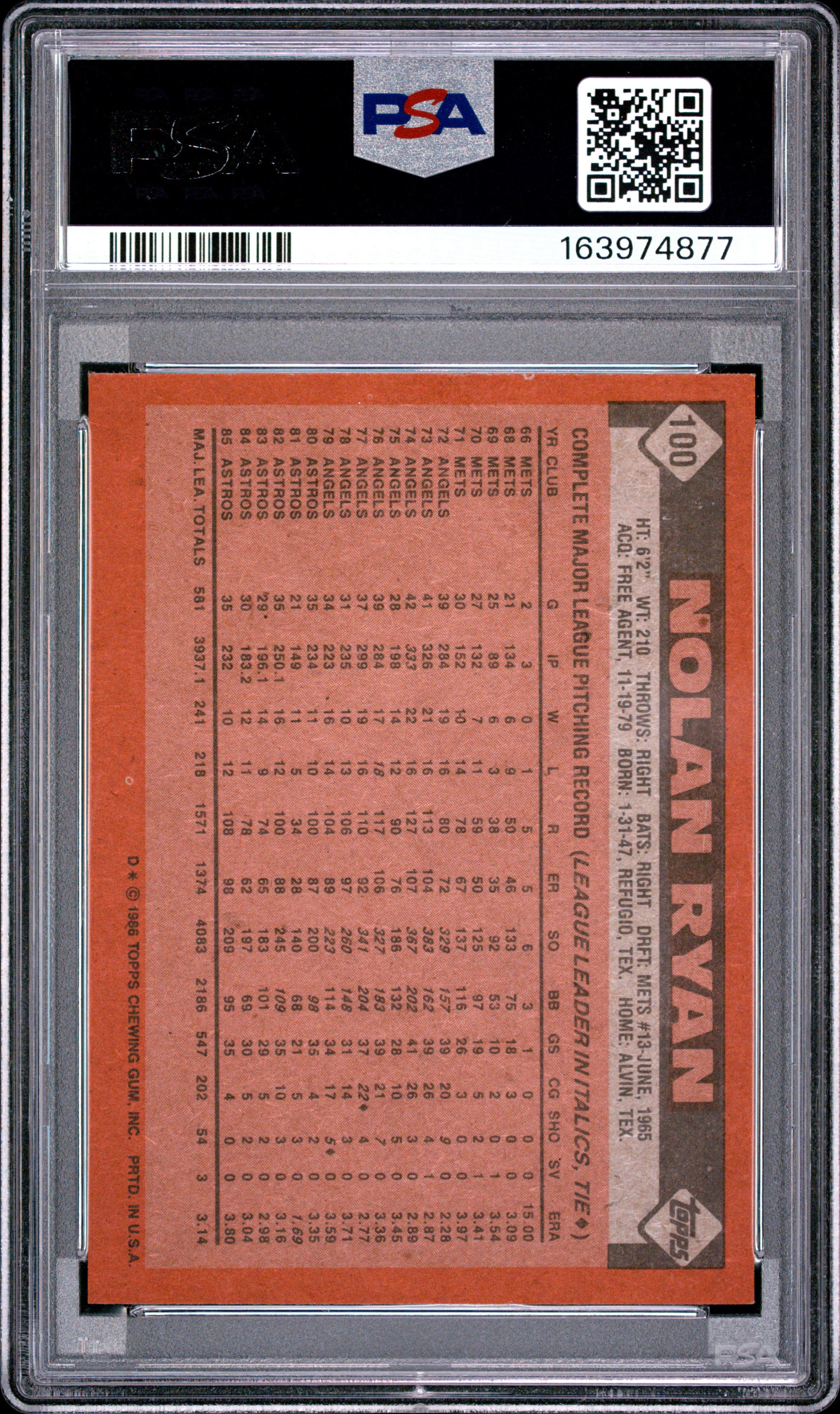 1986 TOPPS 100 NOLAN RYAN PSA 7 - back