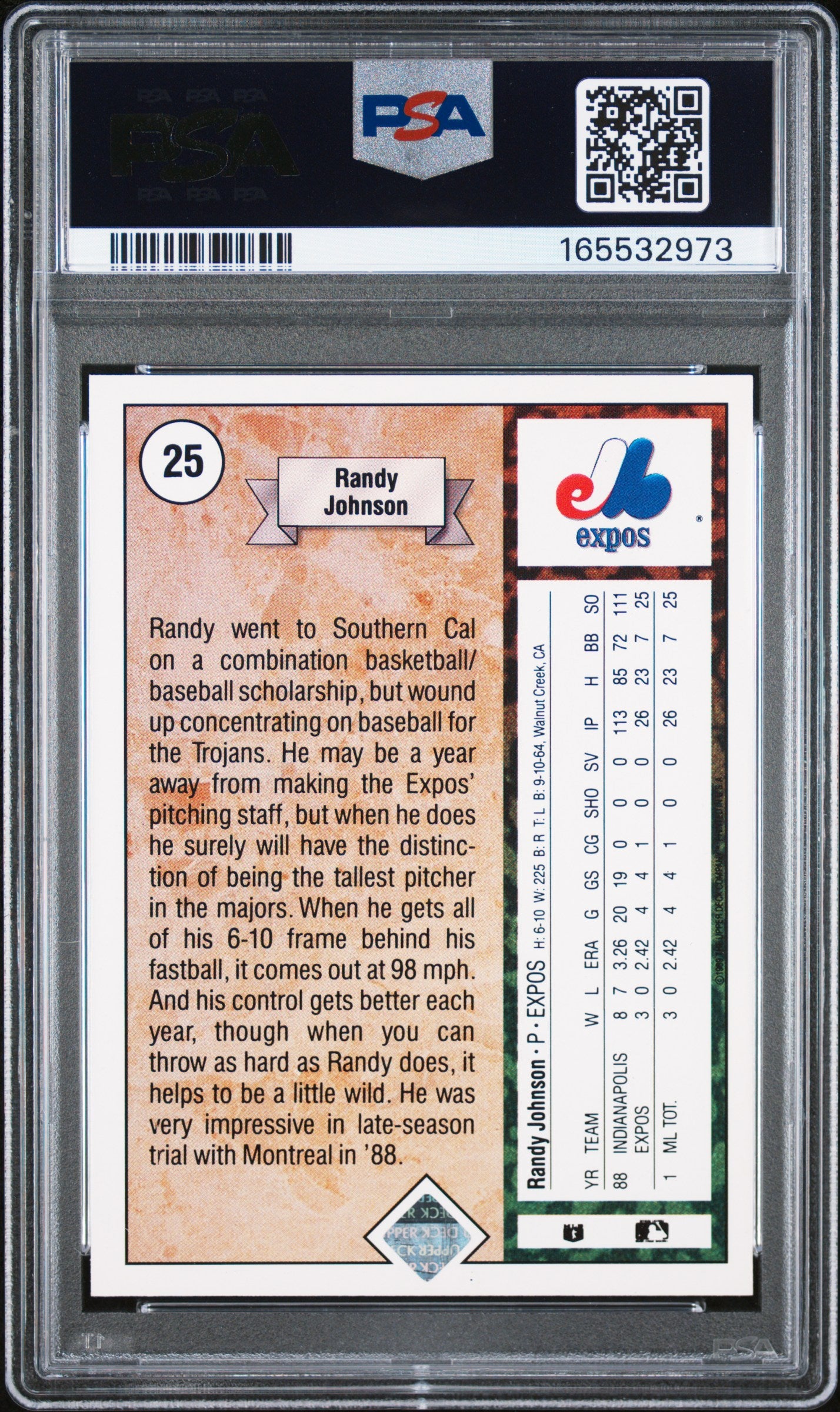 1989 UPPER DECK 25 RANDY JOHNSON STAR ROOKIE PSA 8 - back