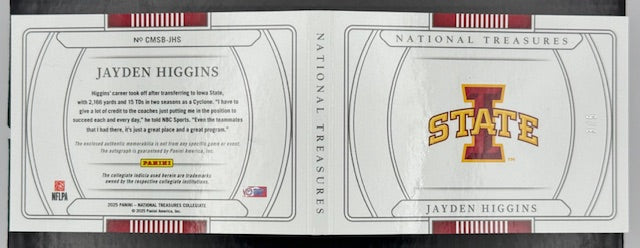 2025 National Treasure Collegiate Jayden Higgins RPA Booklet /5