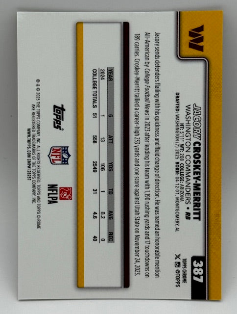 2025 Topps Chrome Jacory Croskey-Merritt RC Gold Wave /50