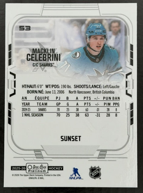 2025-26 O-Pee-Chee Platinum Macklin Celebrini Sunset RC