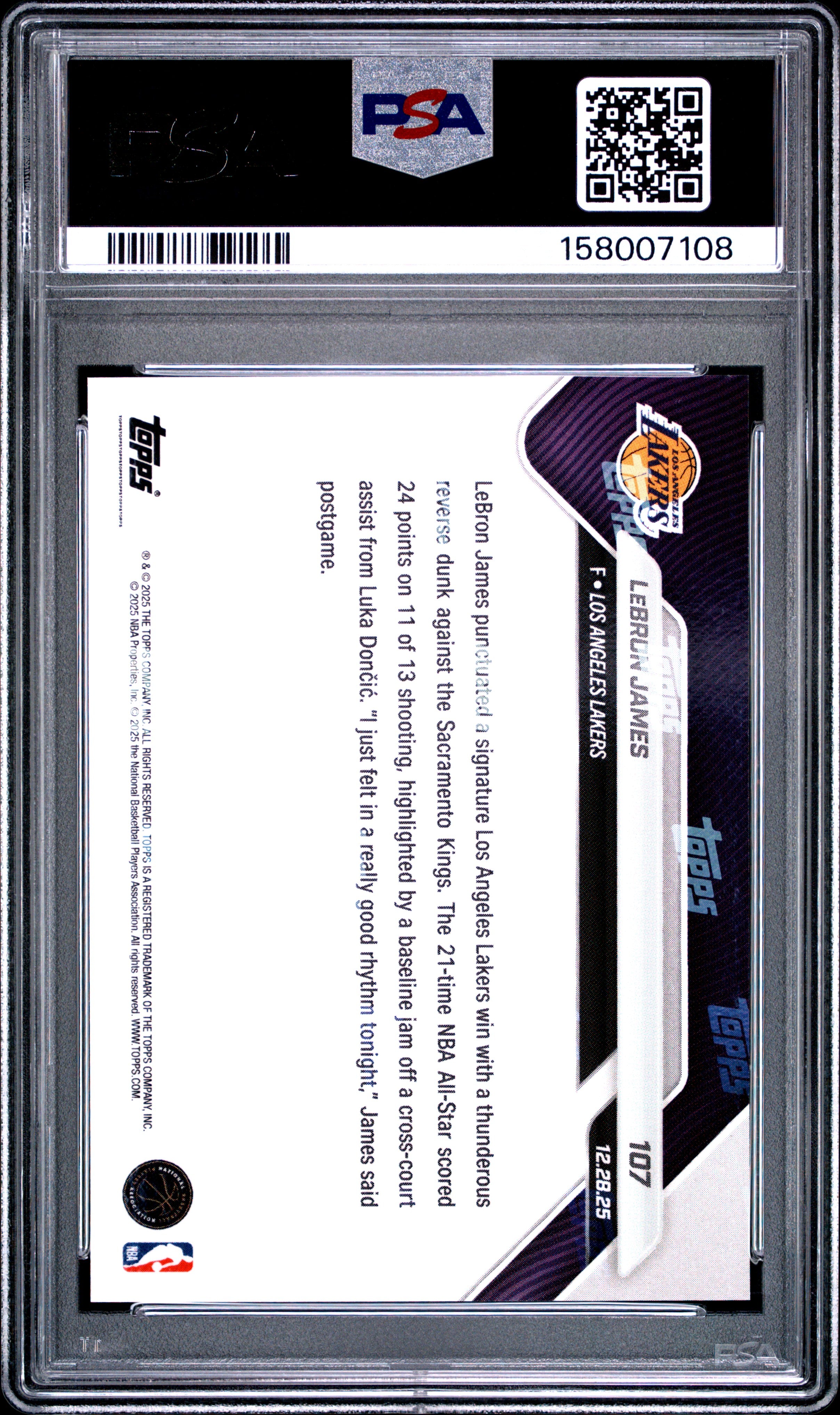 2025 TOPPS NOW 107 LeBRON JAMES PSA 10 - back