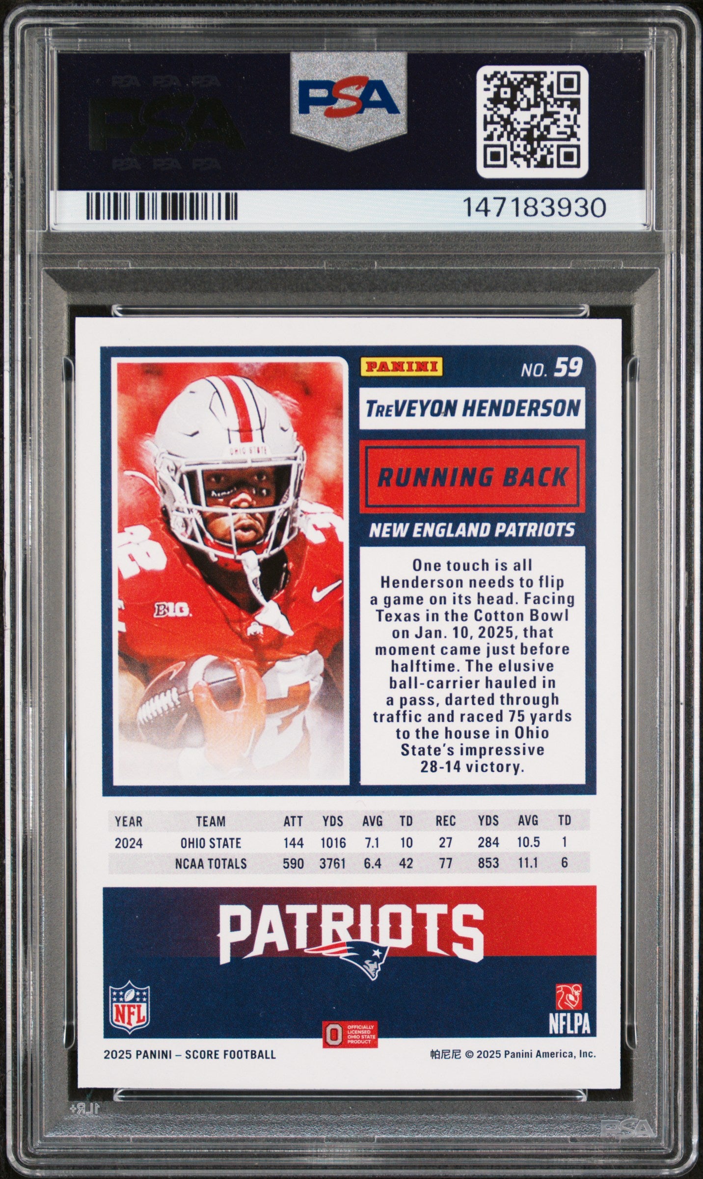 2025 Panini Score 59 Treveyon Henderson Rookie PSA 9