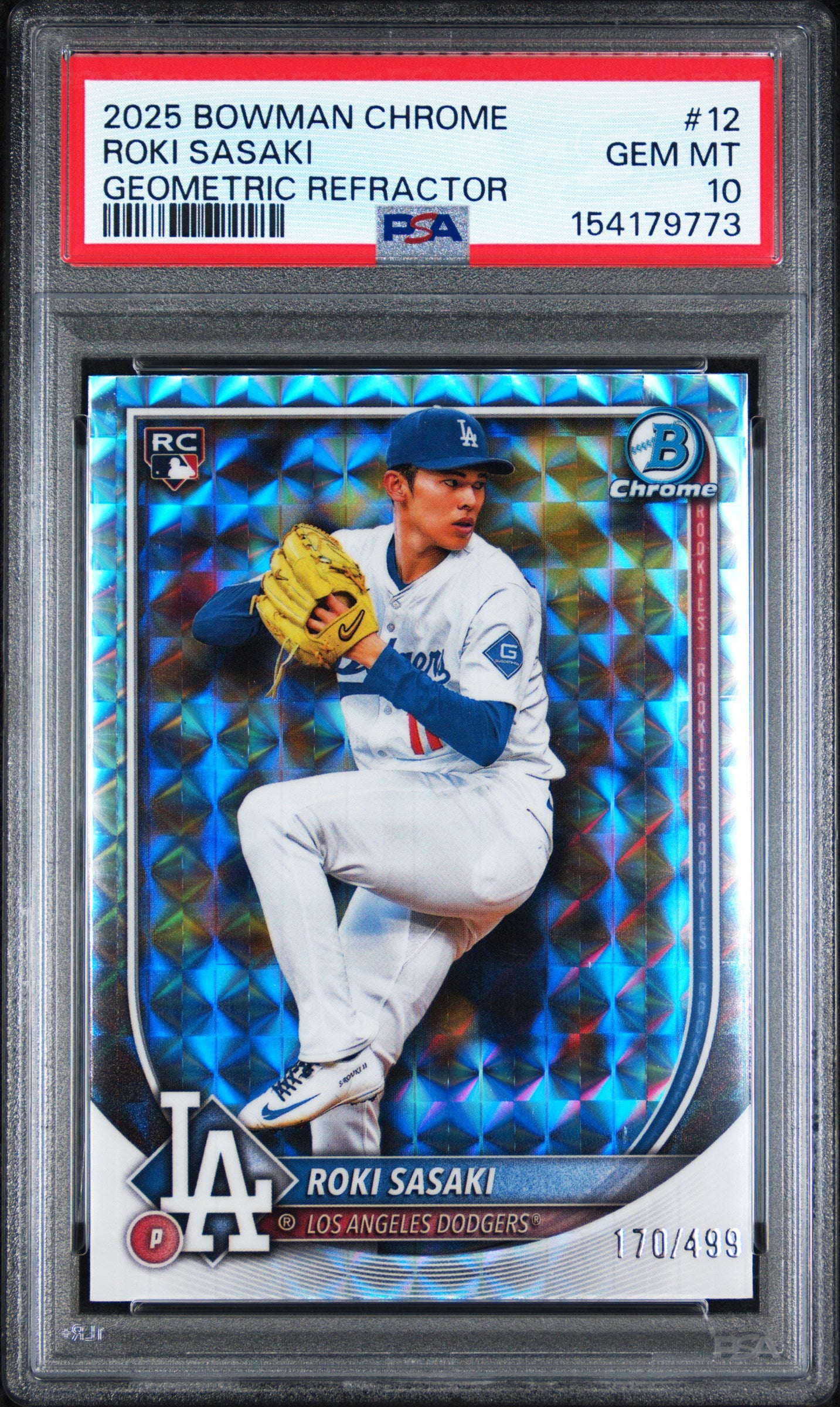 2025 BOWMAN CHROME 12 ROKI SASAKI GEOMETRIC REFRACTOR PSA 10 - front