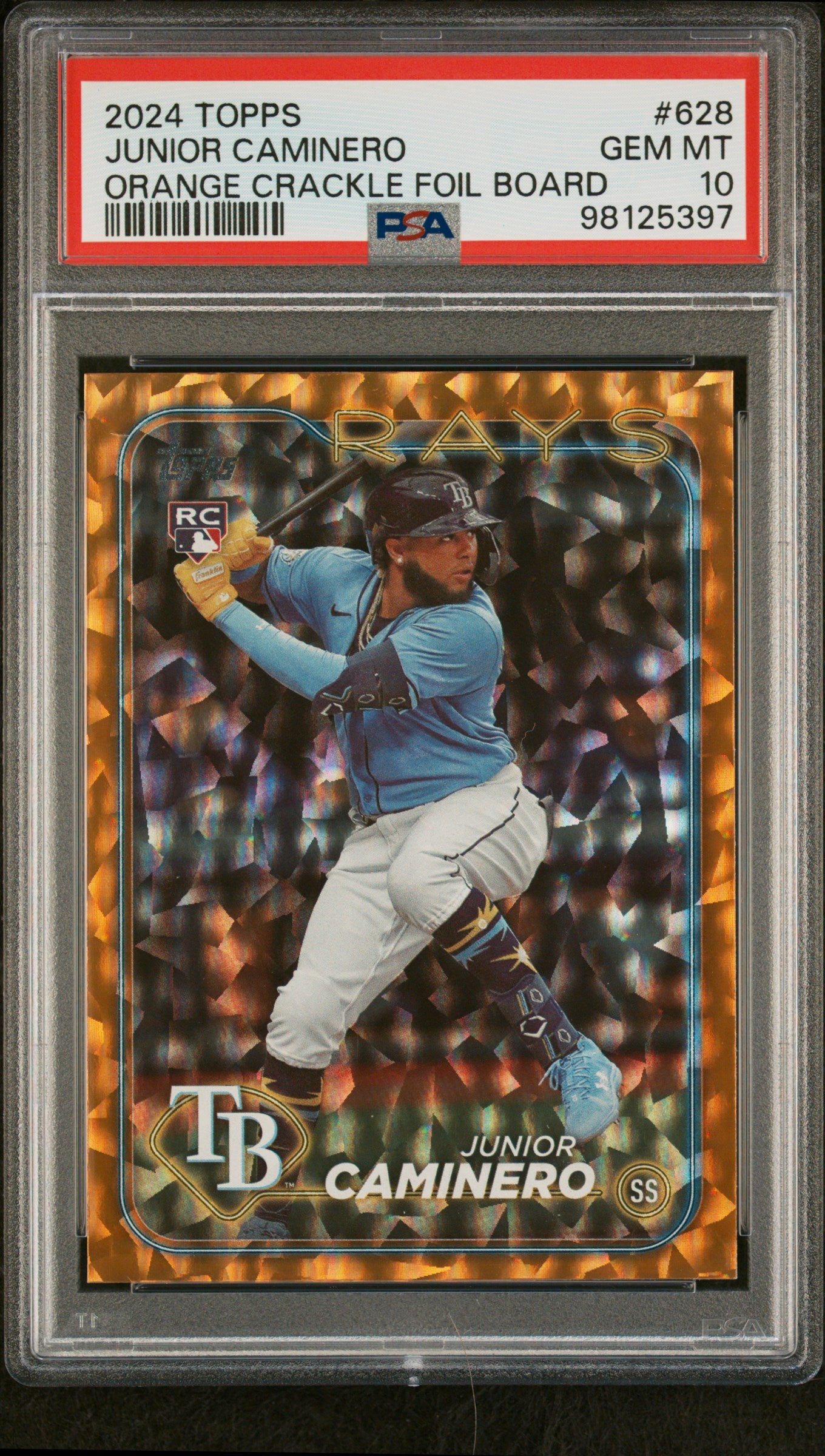 2024 TOPPS 628 JUNIOR CAMINERO ORANGE CRACKLE FOIL BOARD PSA 10 - front