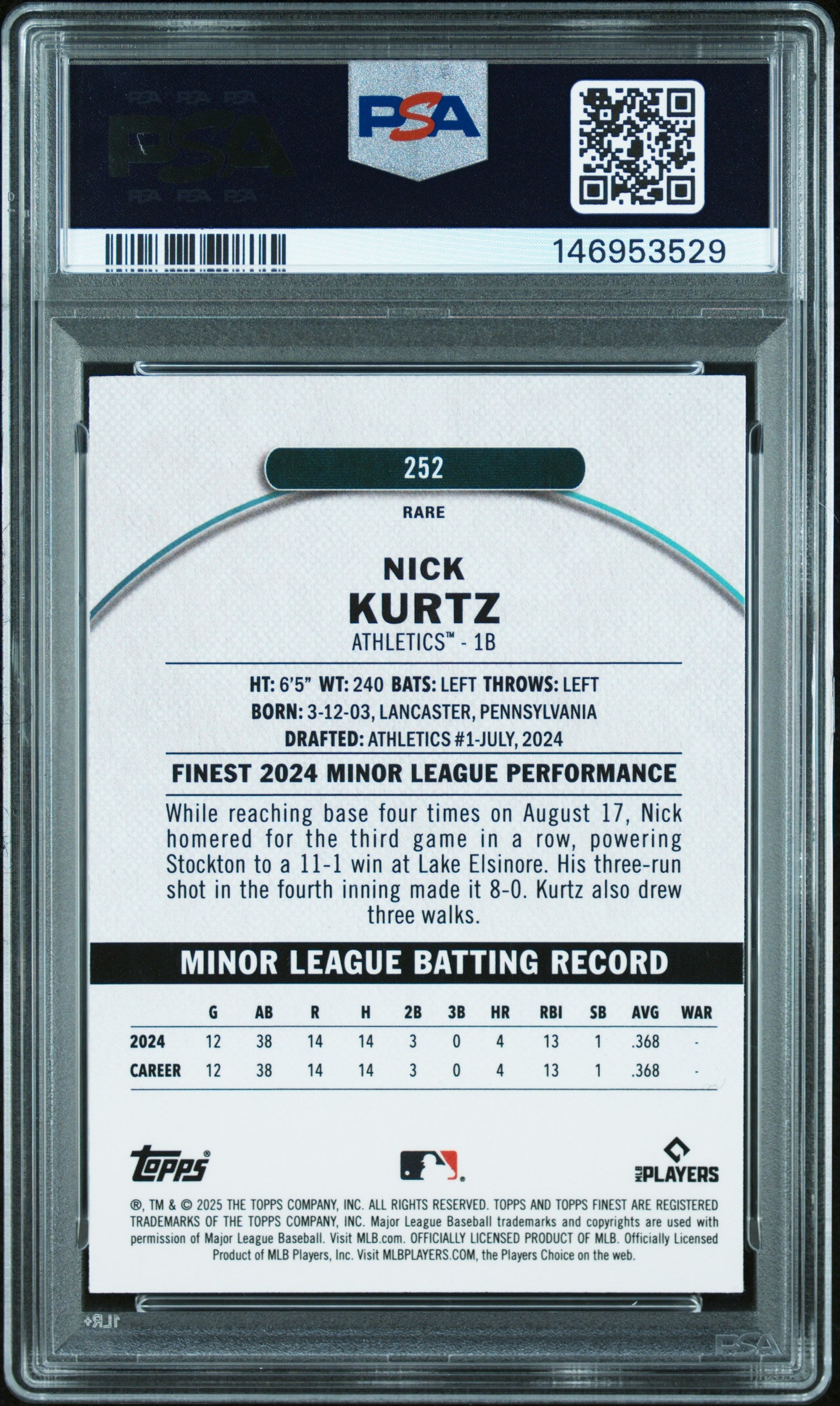 2025 Topps Finest 252 Nick Kurtz Purple Refractor PSA 9
