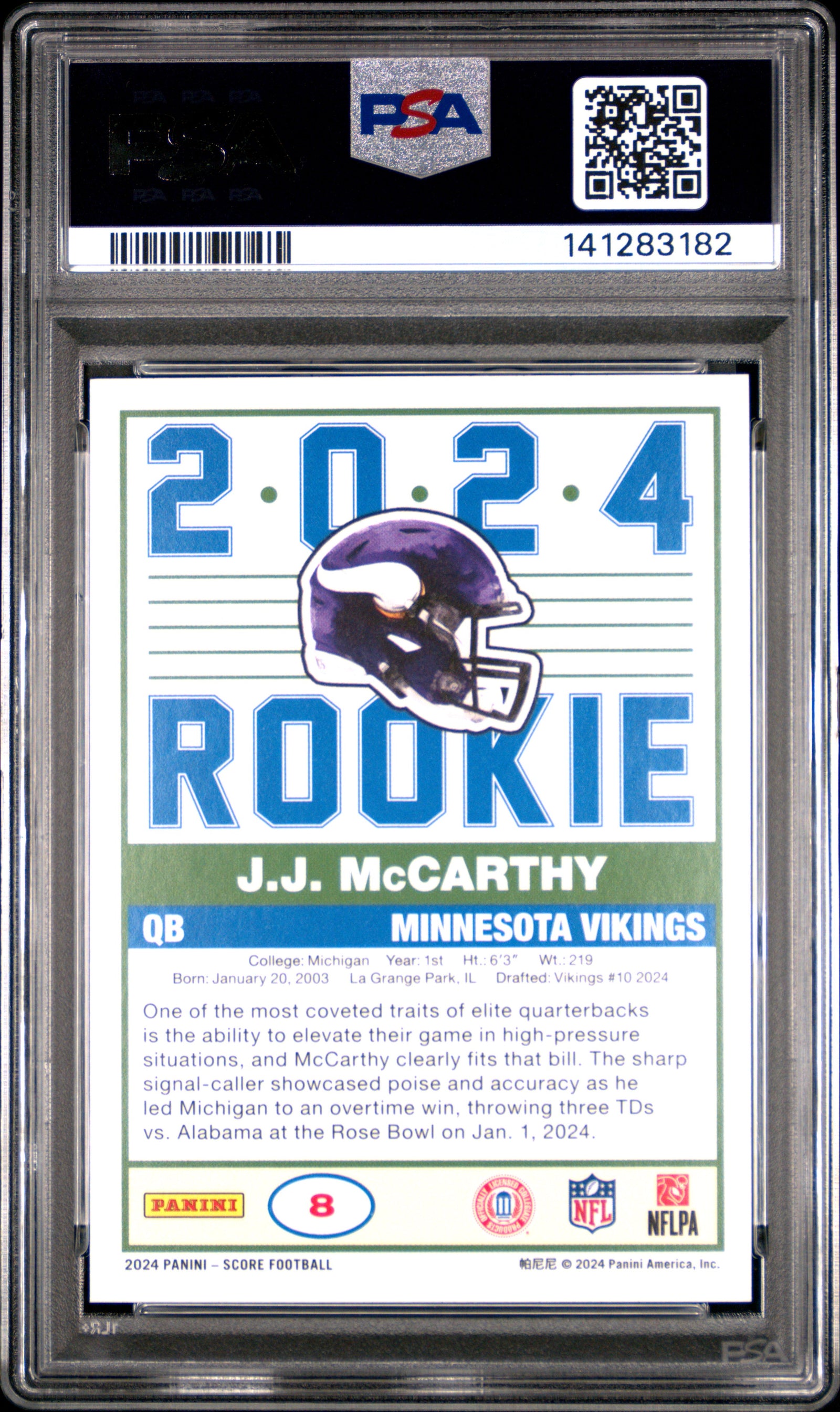 2024 Panini Score J.J. McCarthy Rookie #8 PSA 10
