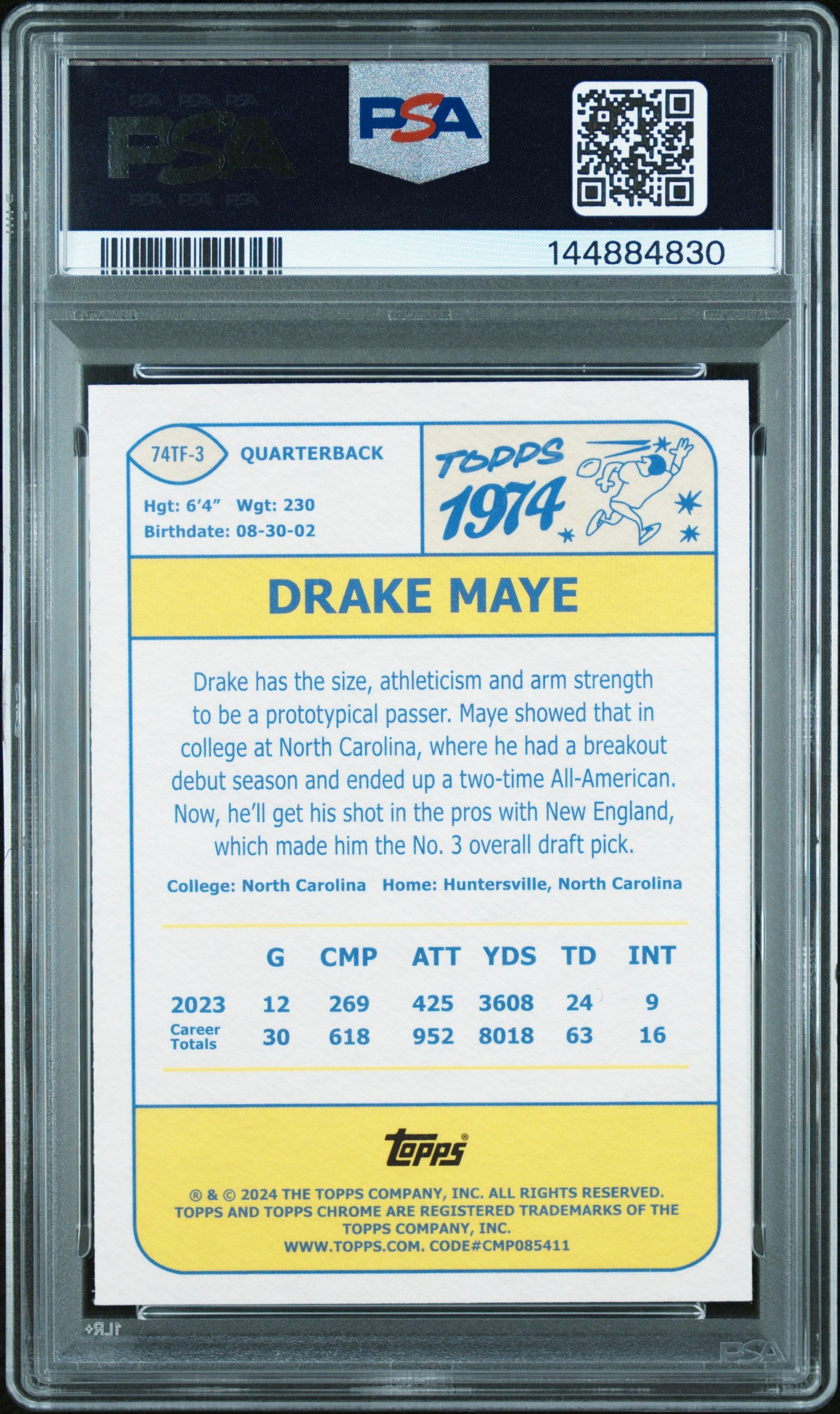 2024 Topps Chrome 1974 Topps Football 74Tf3 Drake Maye  PSA 9