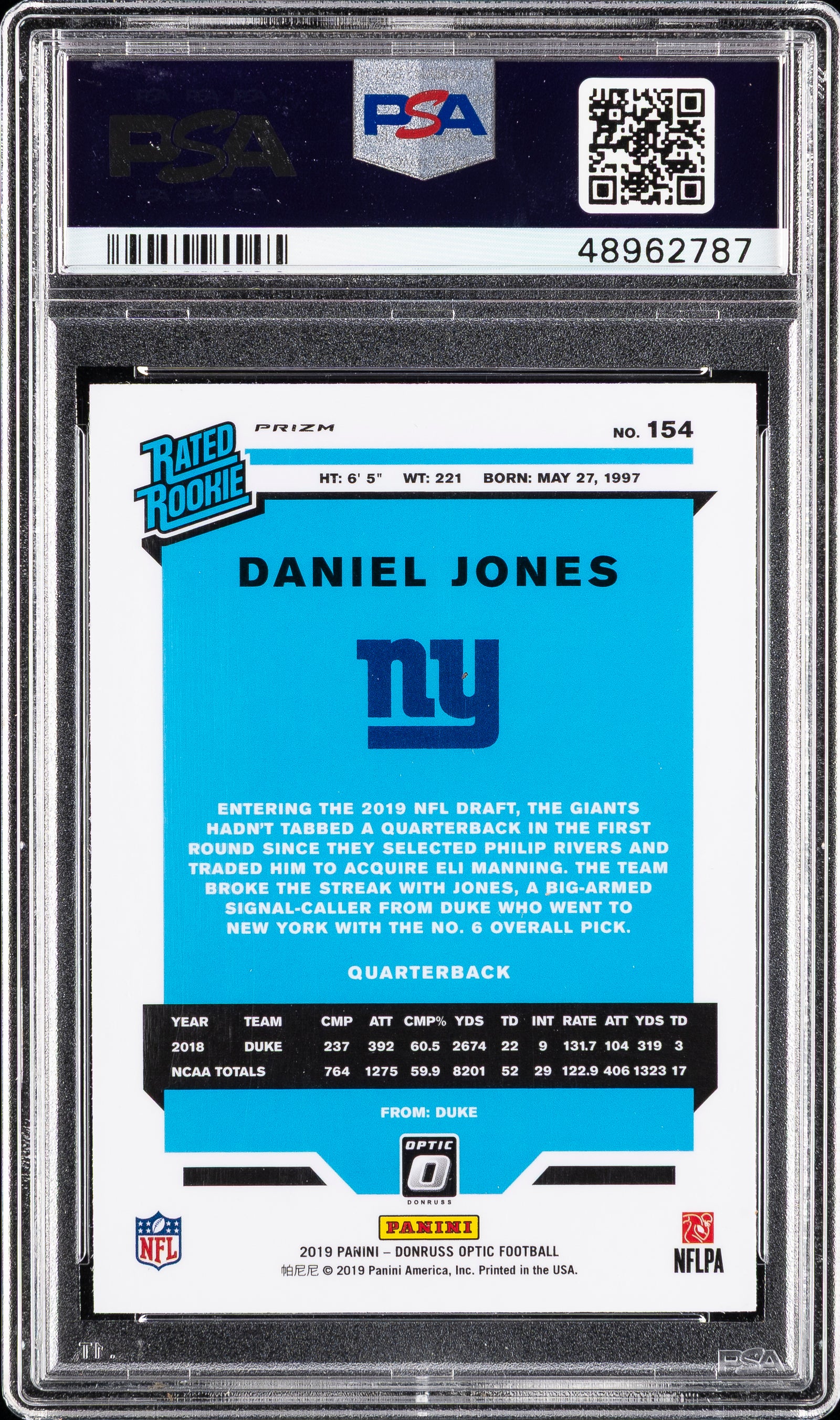 2019 Panini Donruss Optic 154 Daniel Jones Green Velocity PSA 9
