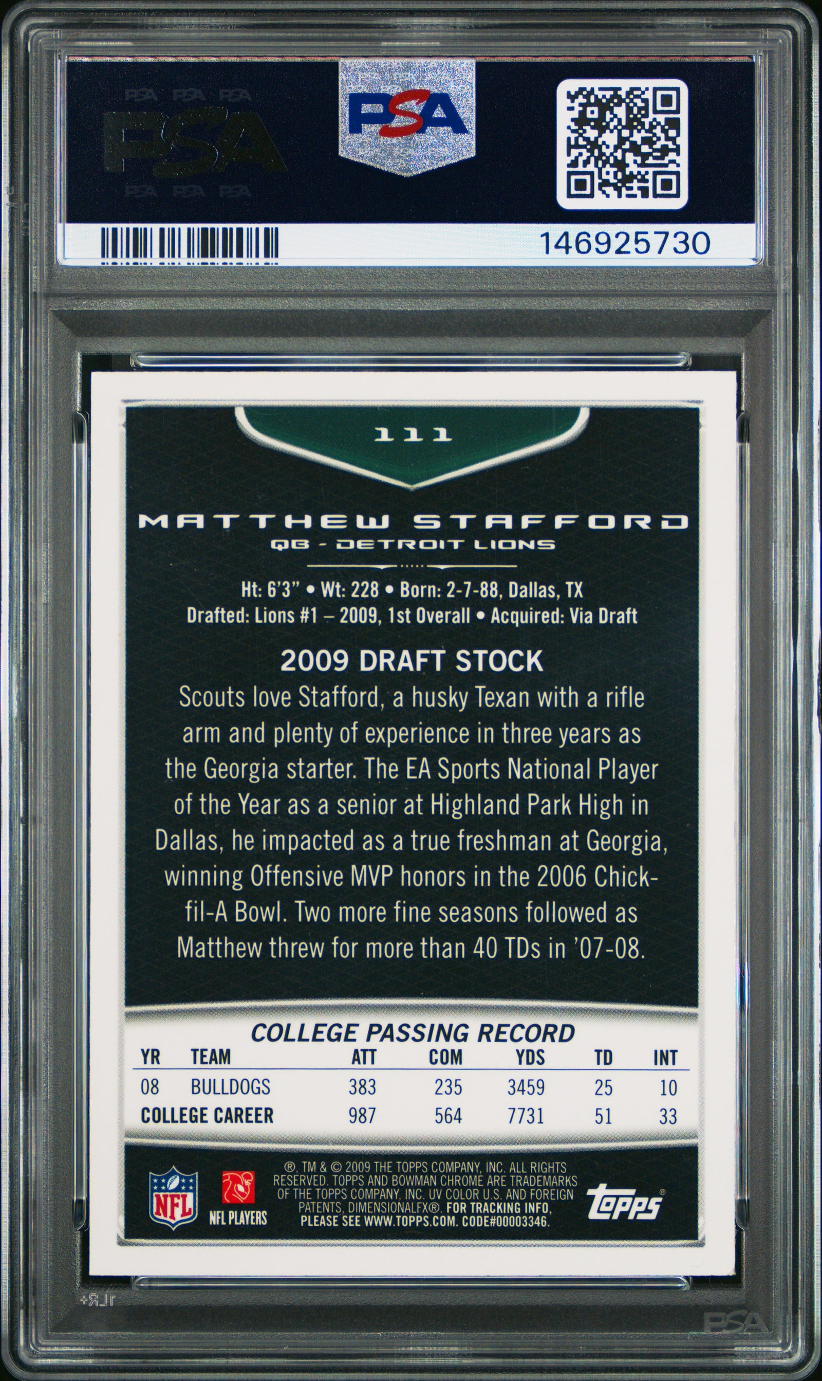 2009 Bowman Chrome 111 Matthew Stafford PSA 8