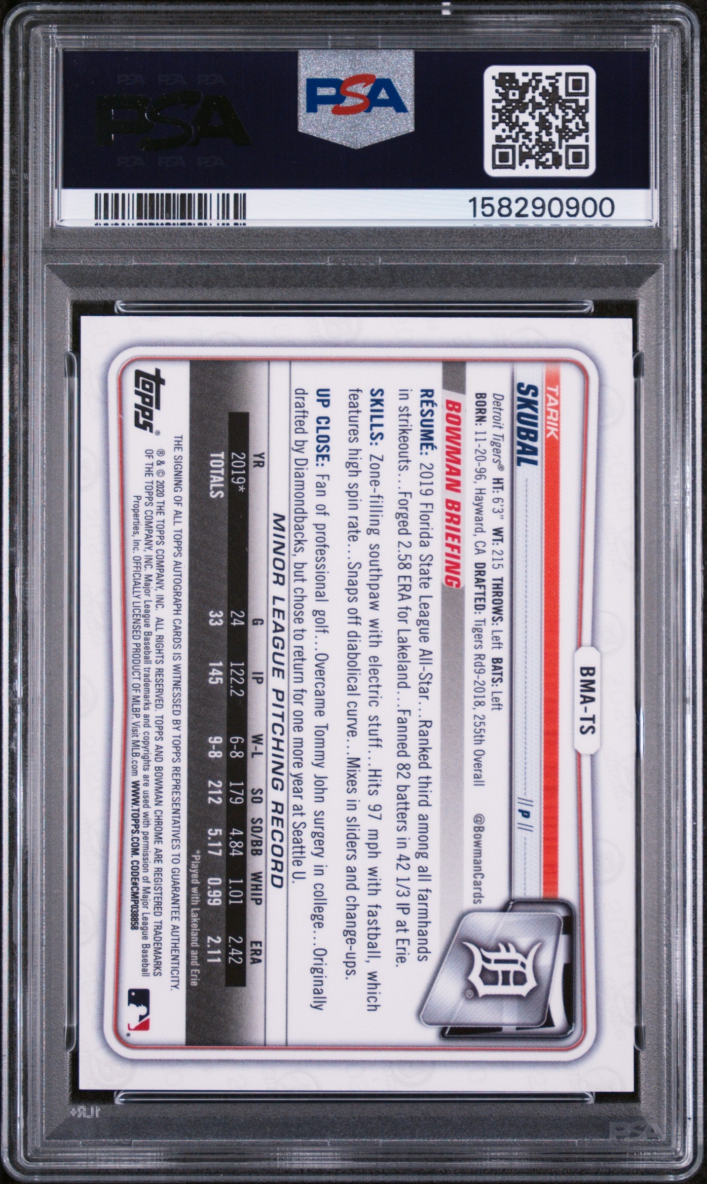 2020 BOWMAN CHROME MEGA BOX AUTOGRAPHS BMATS TARIK SKUBAL PSA 10 - back