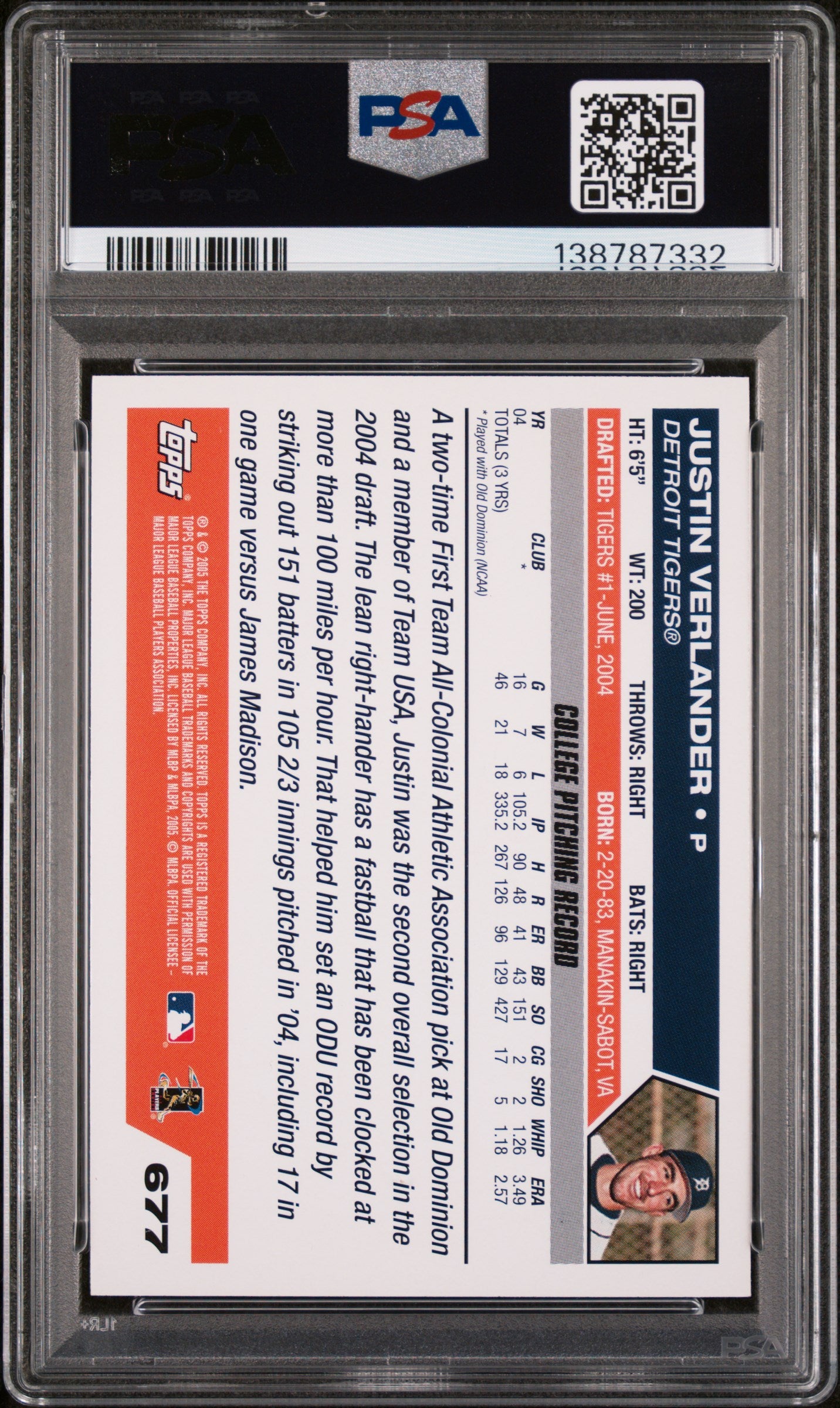 2005 Topps 677 Justin Verlander  PSA 8
