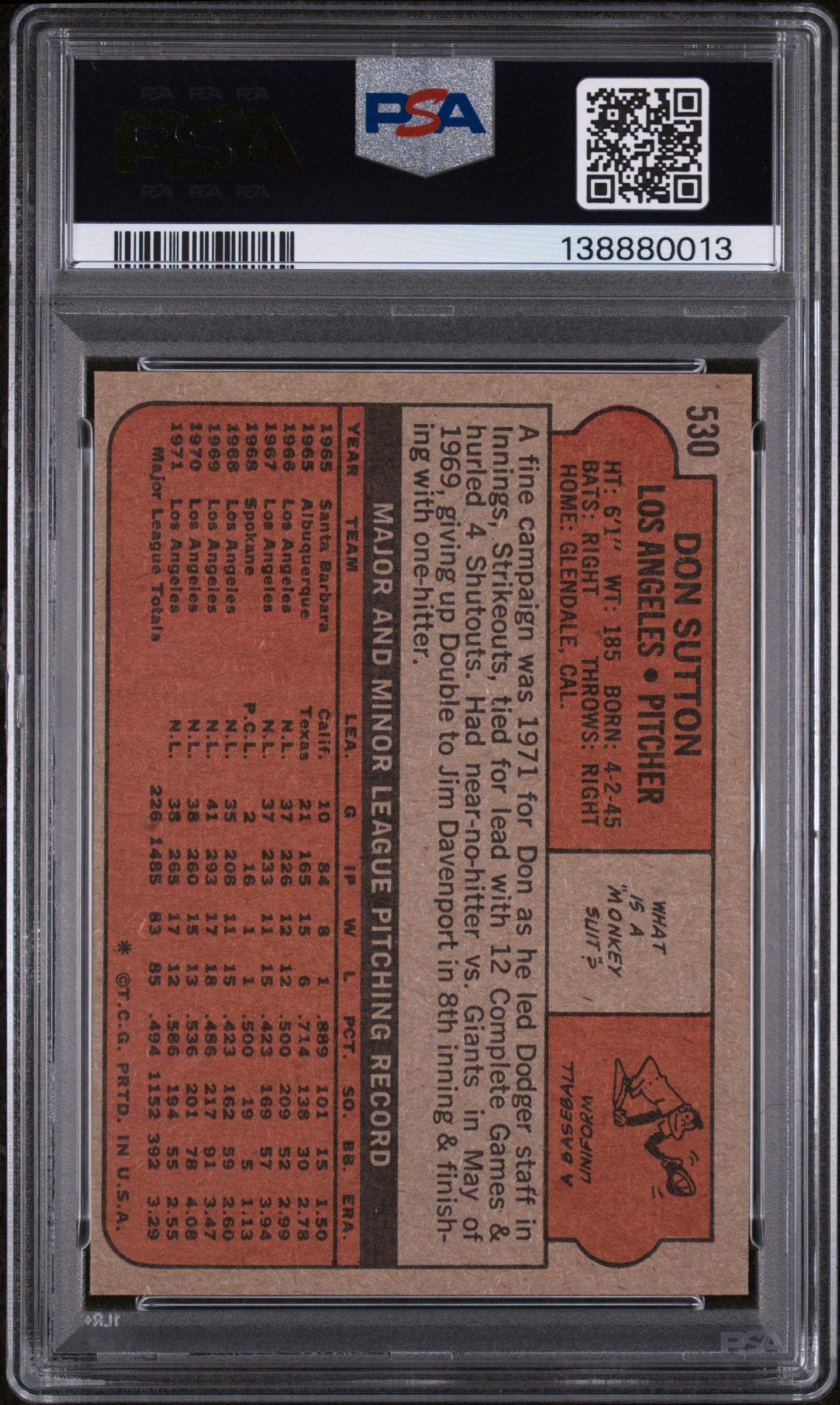1972 Topps 530 Don Sutton PSA 8