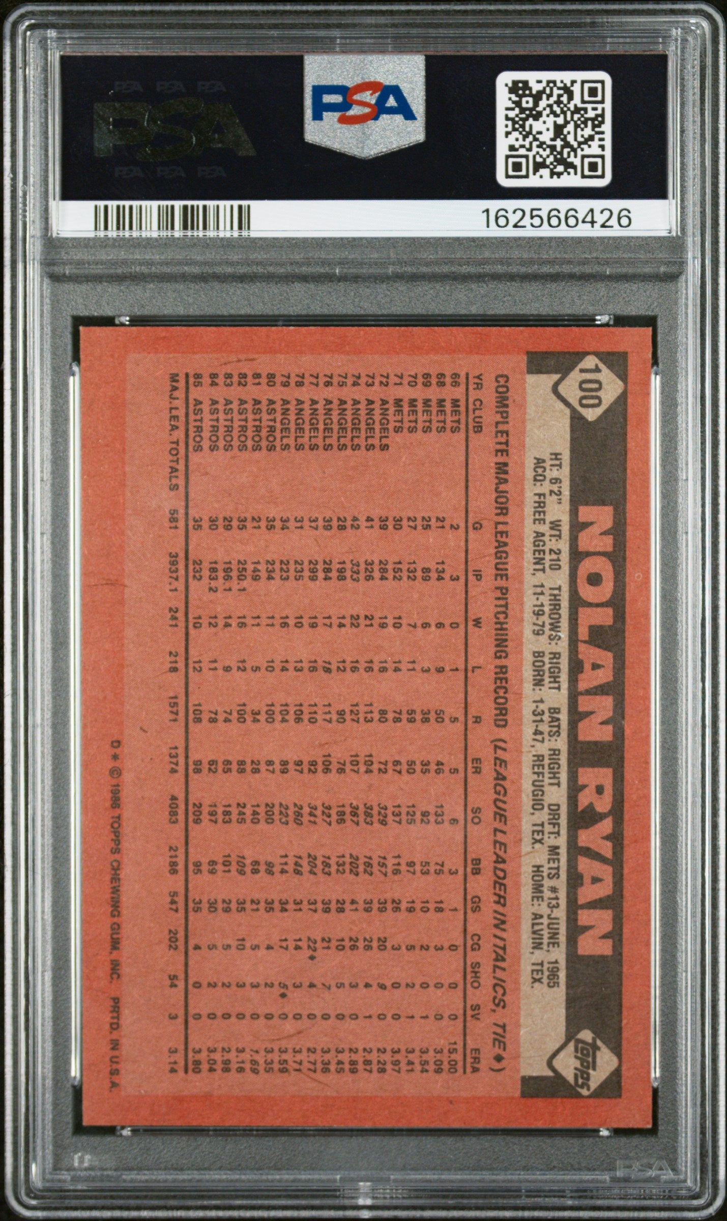 1986 TOPPS 100 NOLAN RYAN PSA 7 - back