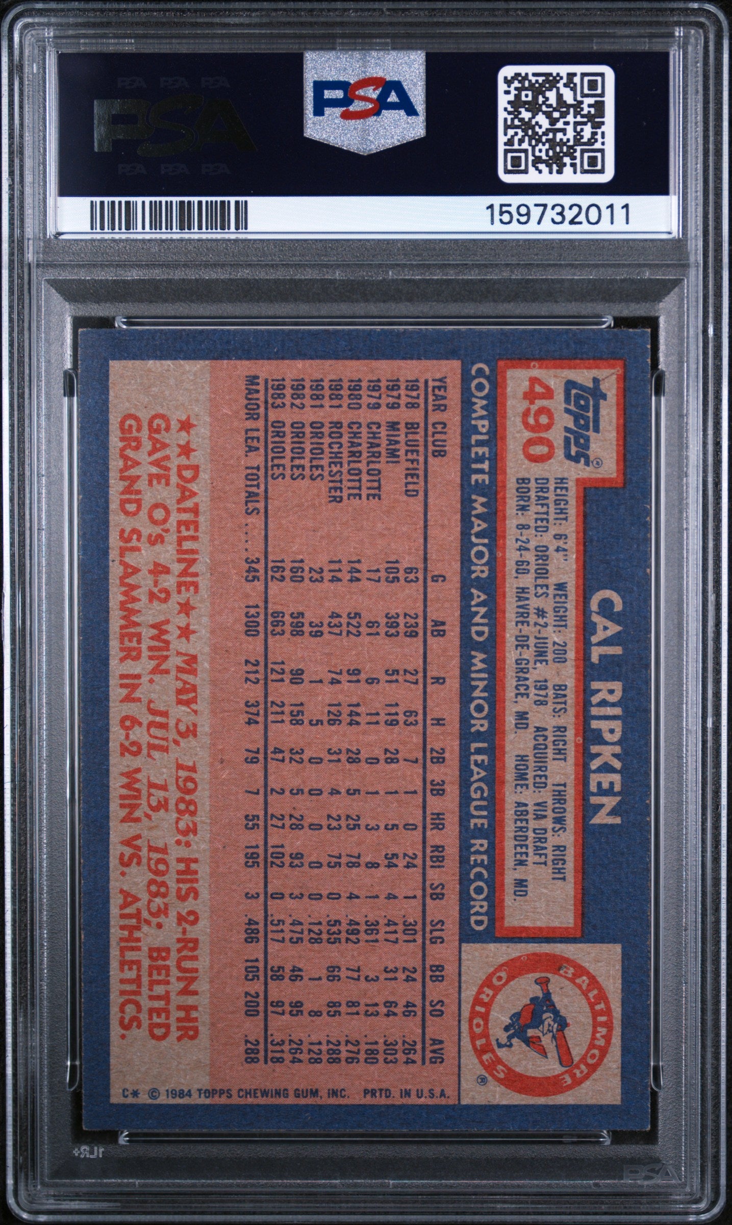 1984 TOPPS 490 CAL RIPKEN JR. PSA 7 - back