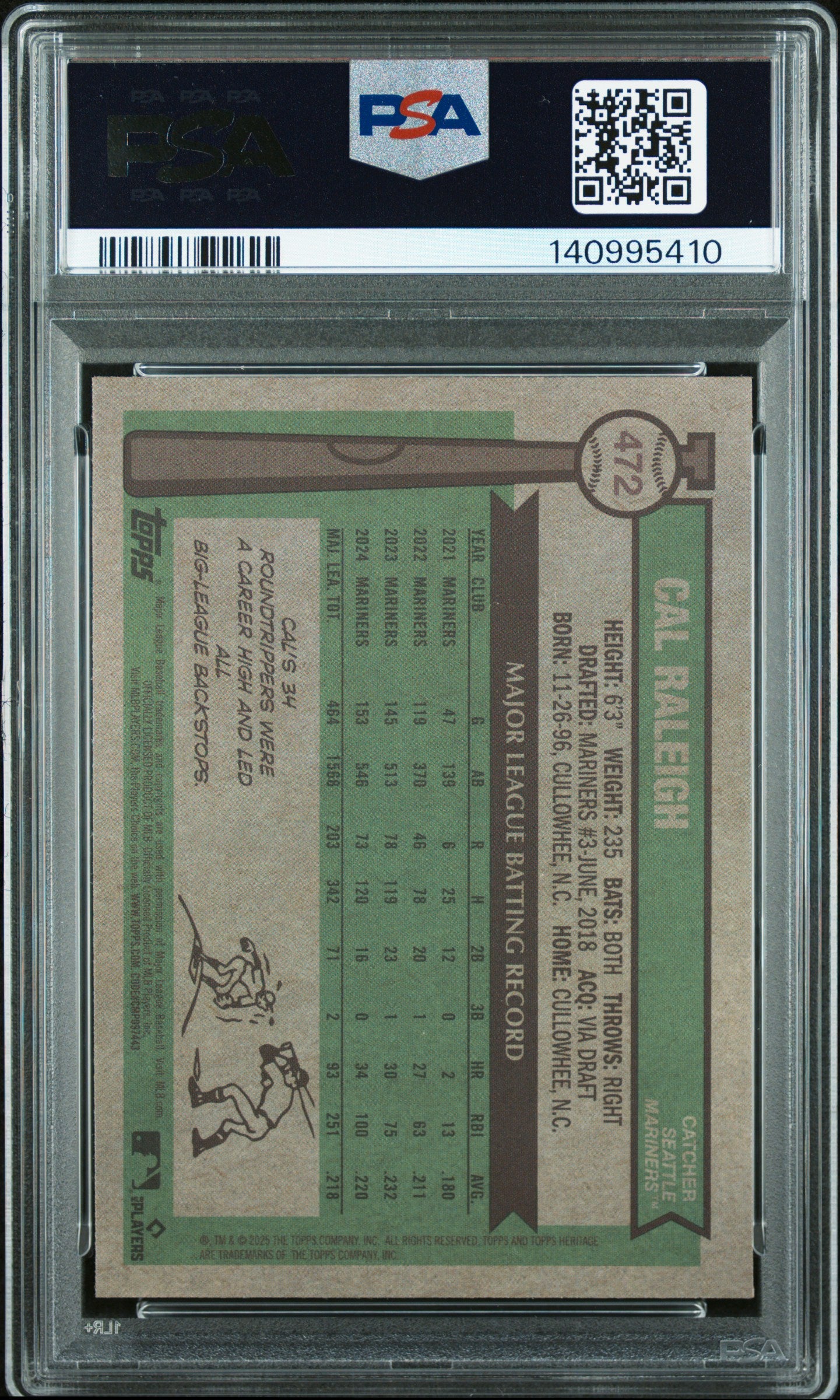 2025 Topps Heritage Cal Raleigh Chrome-Light Blue Sparkle Refractor PSA 10