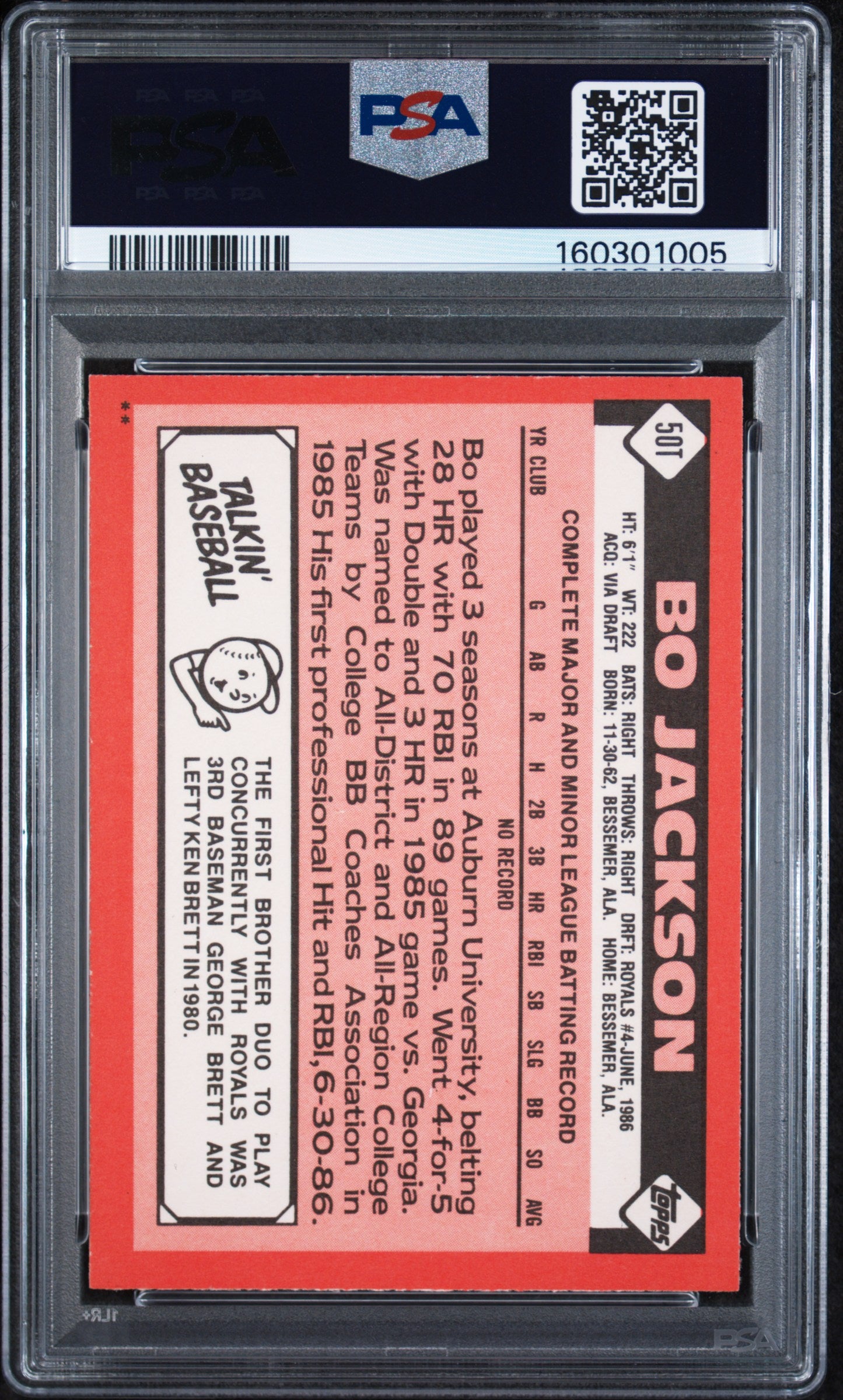 1986 TOPPS TRADED 50T BO JACKSON PSA 8 - back