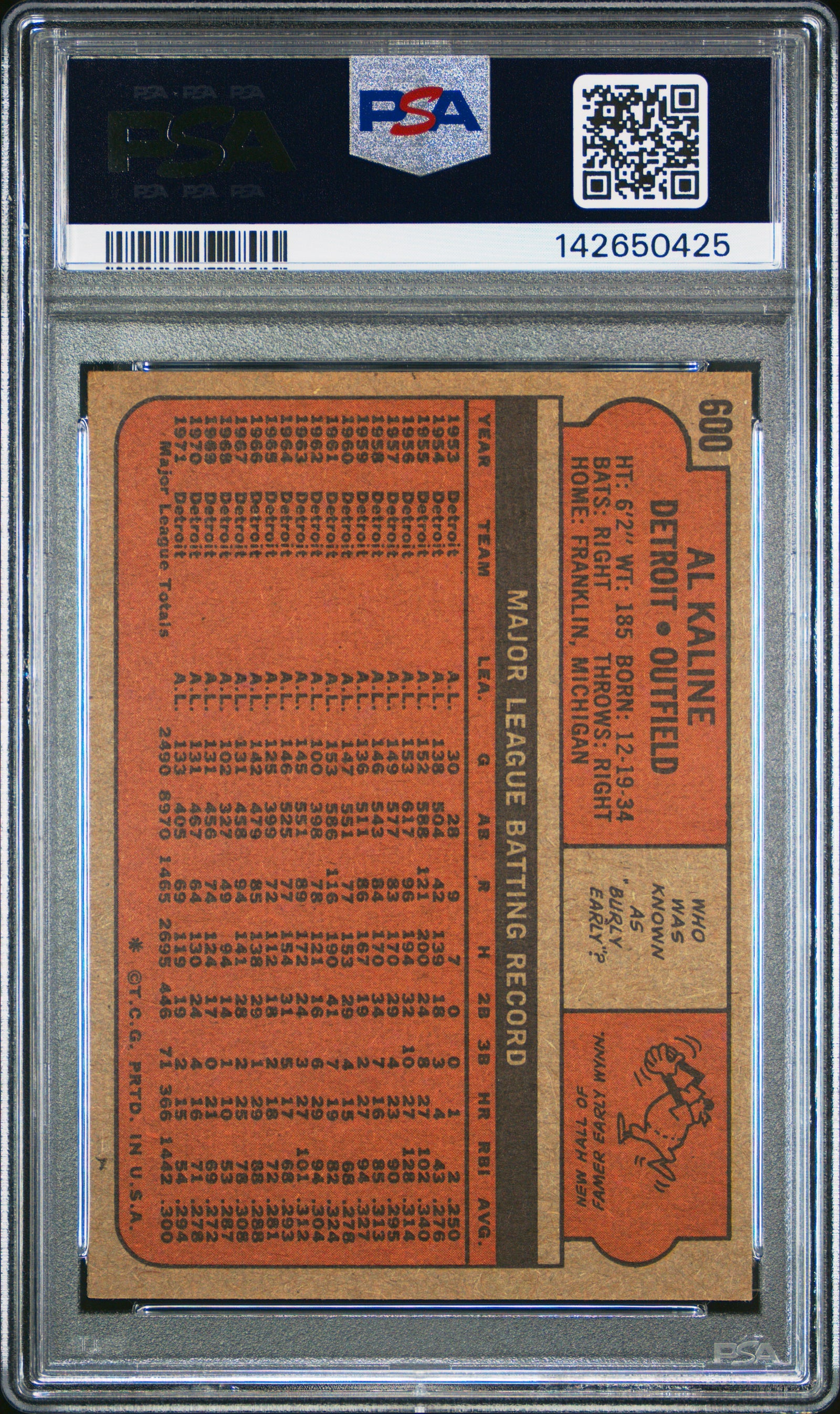 1972 Topps 600 Al Kaline PSA 6