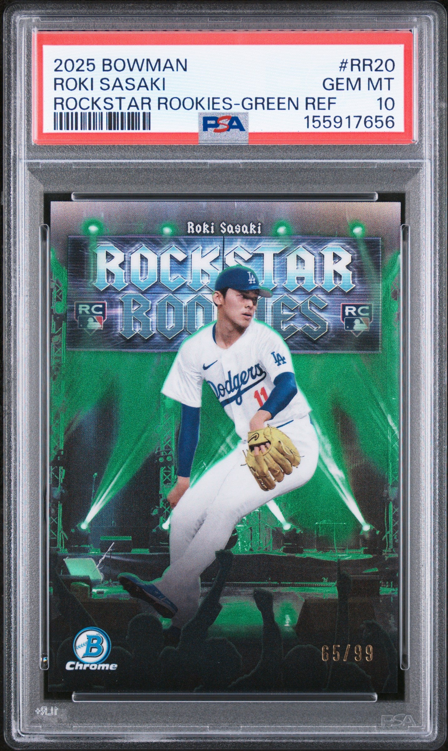 2025 BOWMAN ROCKSTAR ROOKIES RR20 ROKI SASAKI GREEN REFRACTOR PSA 10 - front