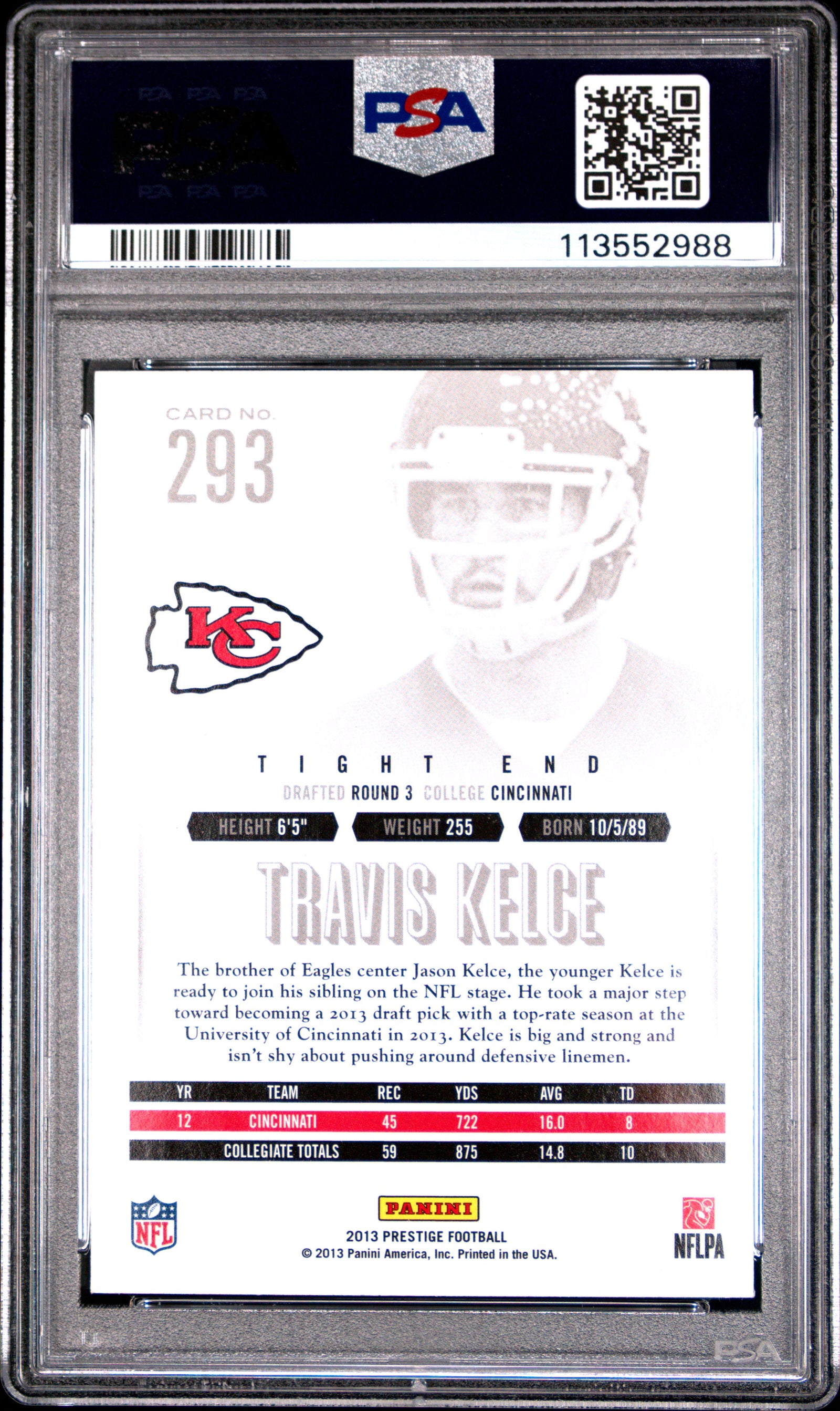 2013 Panini Prestige 293 Travis Kelce PSA 8
