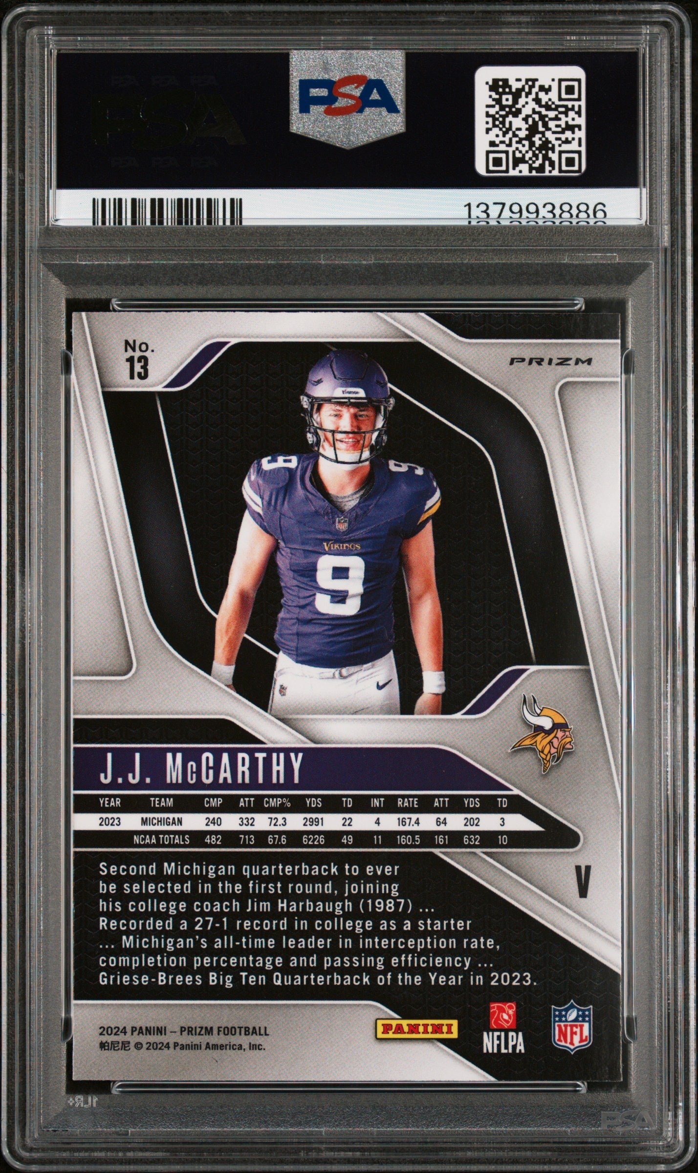 2024 Panini Prizm Rookie Variation 13 Jj Mccarthy PSA 9