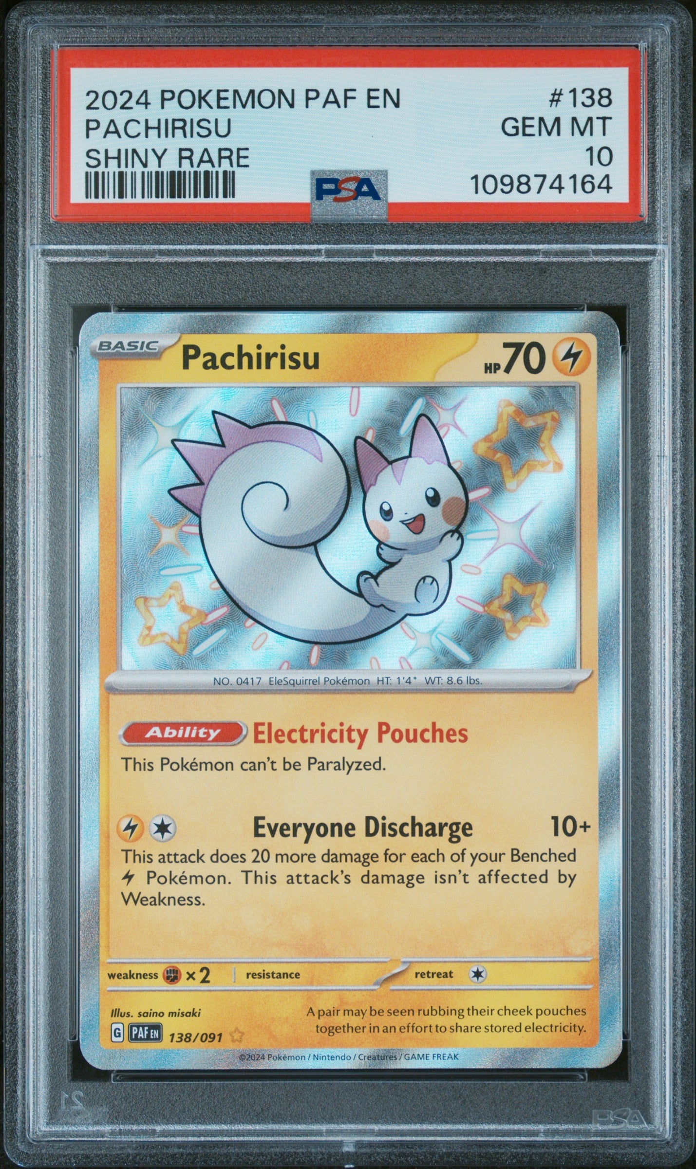 2024 Pokemon Paf En-Paldean Fates 138 Pachirisu Shiny Rare PSA 10