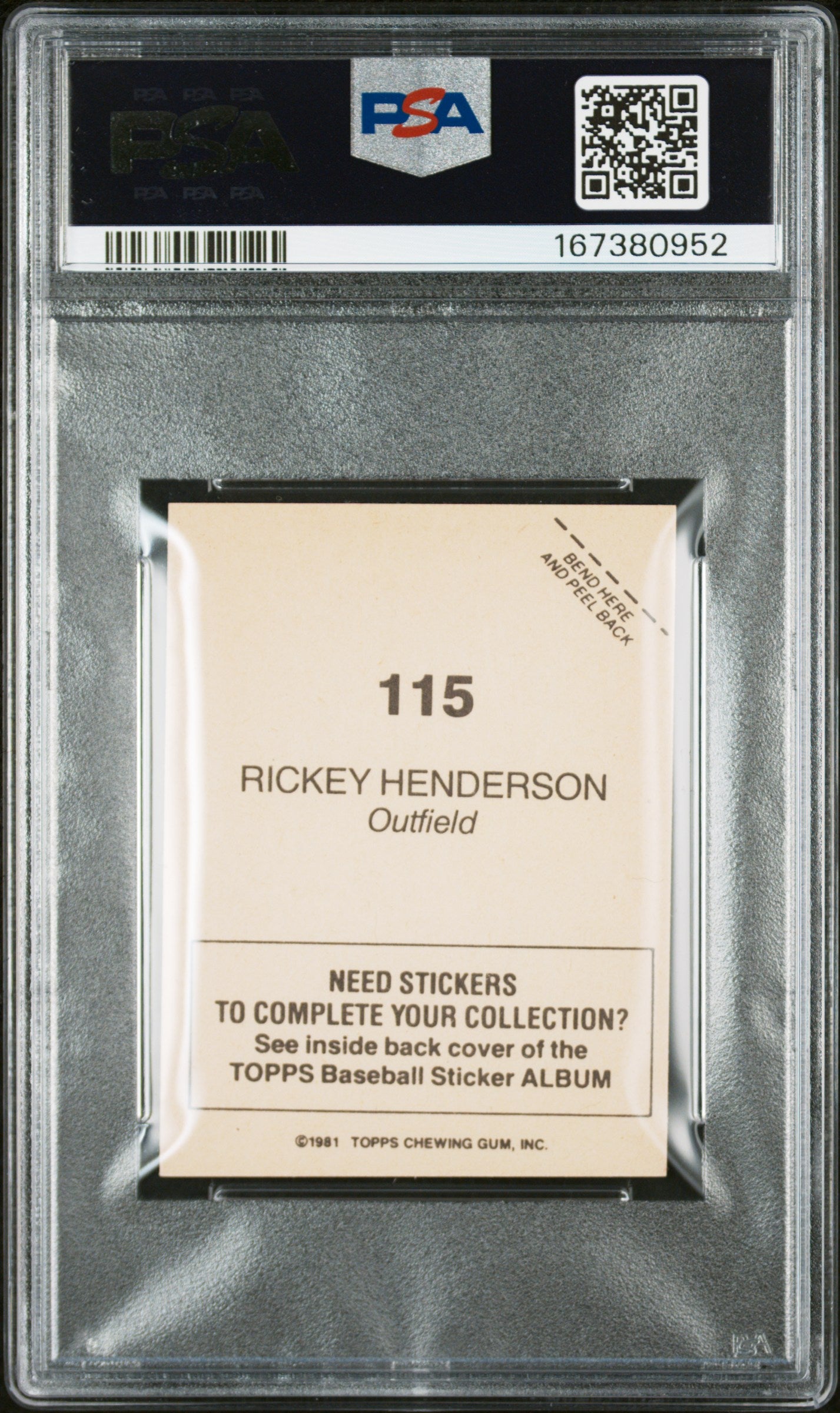 1981 TOPPS STICKERS 115 RICKEY HENDERSON PSA 8 - back