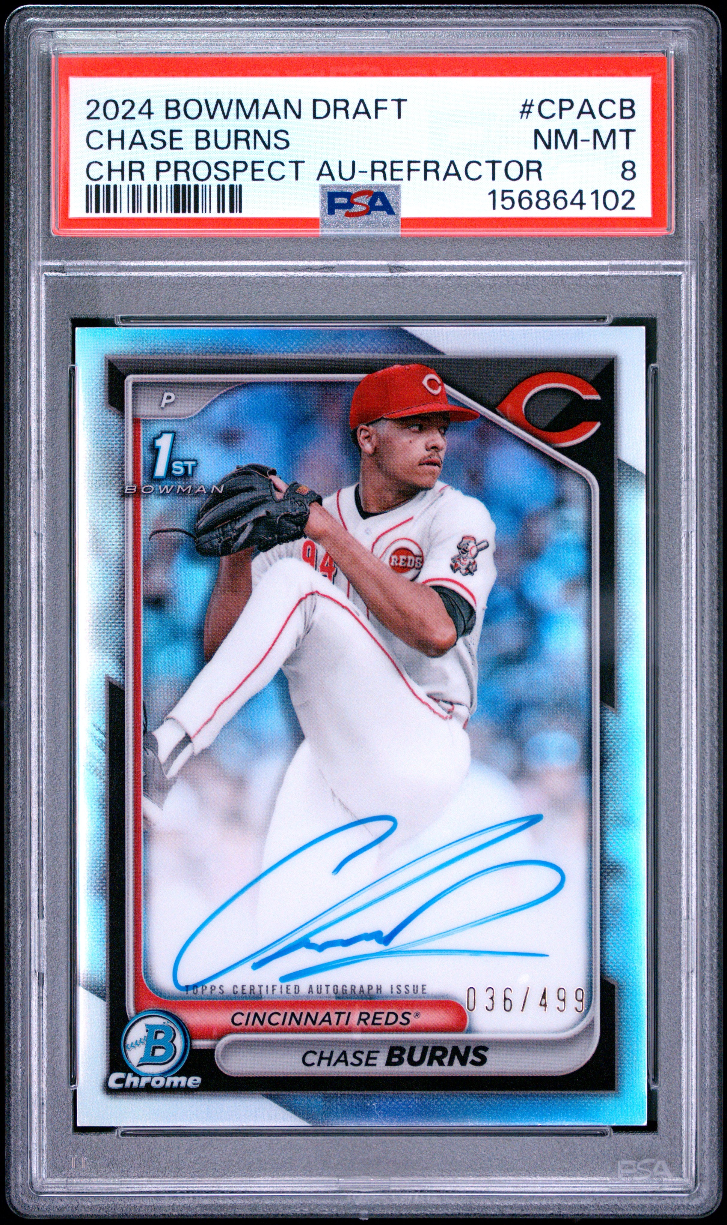 2024 BOWMAN DRAFT CHROME PROSPECT AUTOGRAPHS CPACB CHASE BURNS REFRACTOR PSA 8 - front