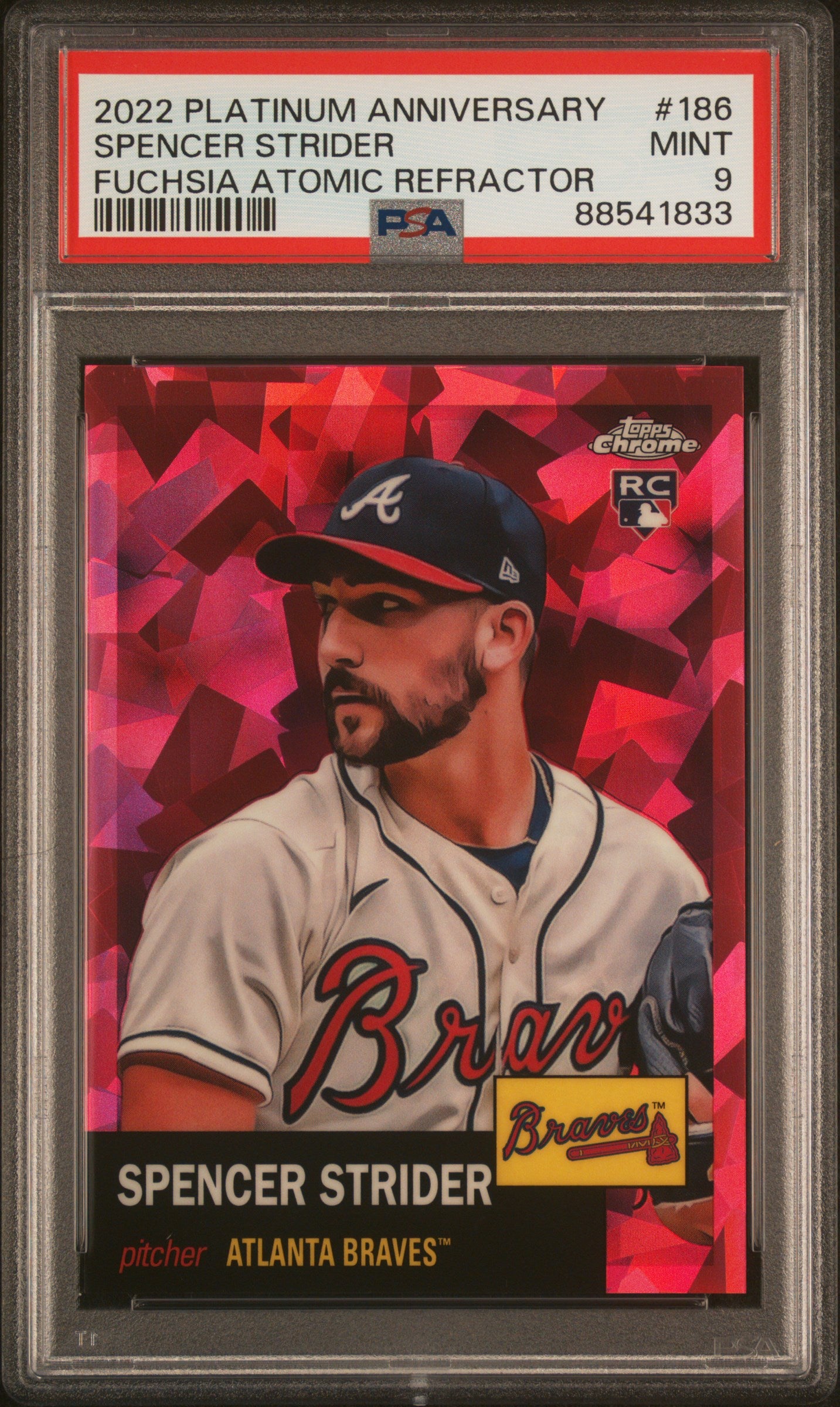 2022 Topps Chrome Spencer Strider Platinum Anniversary Fuchsia Atomic Refractor #186 PSA 9