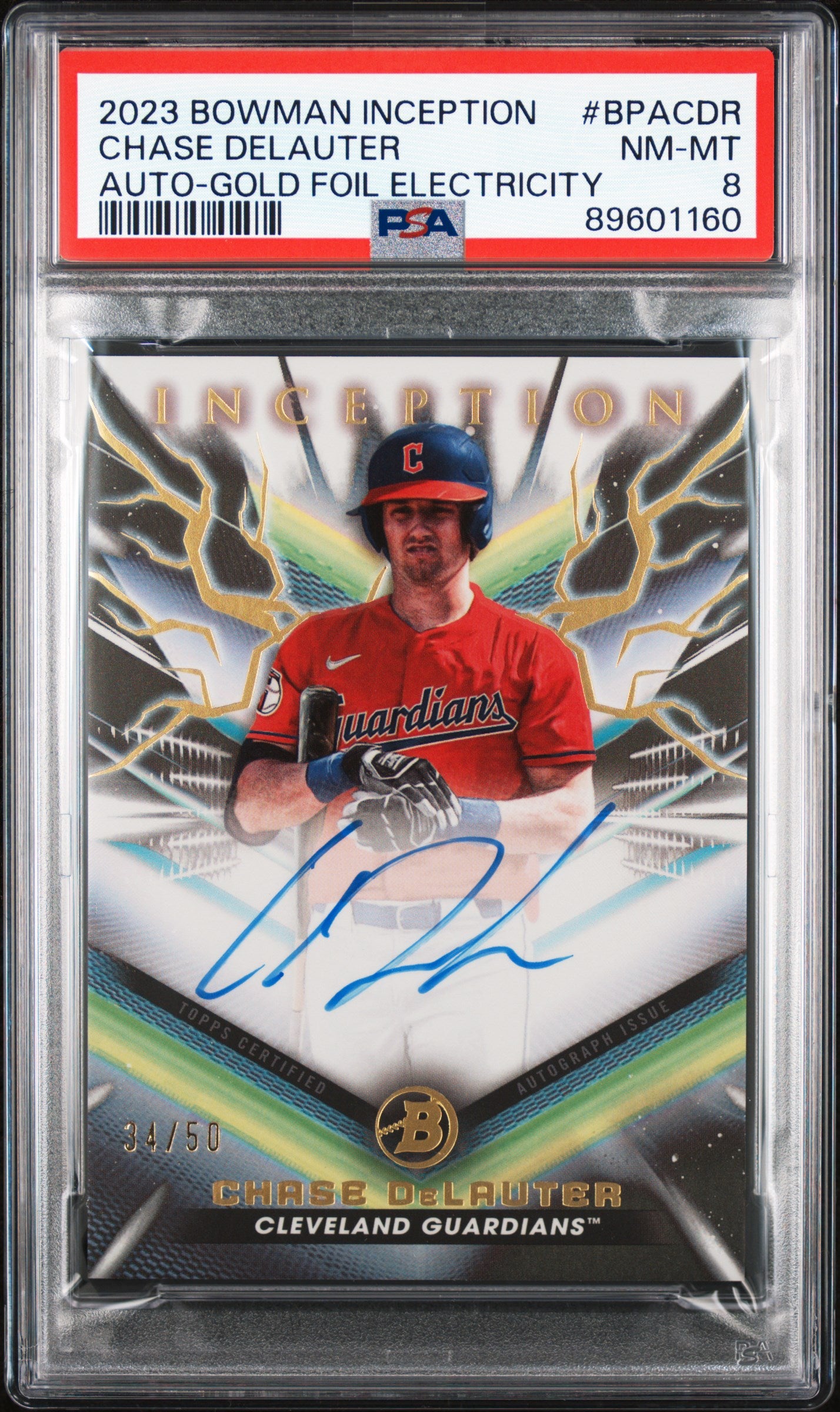 Chase Delauter 2023 Bowman Inception Auto /50 Gold Foil Electricity #BPACDR PSA 8