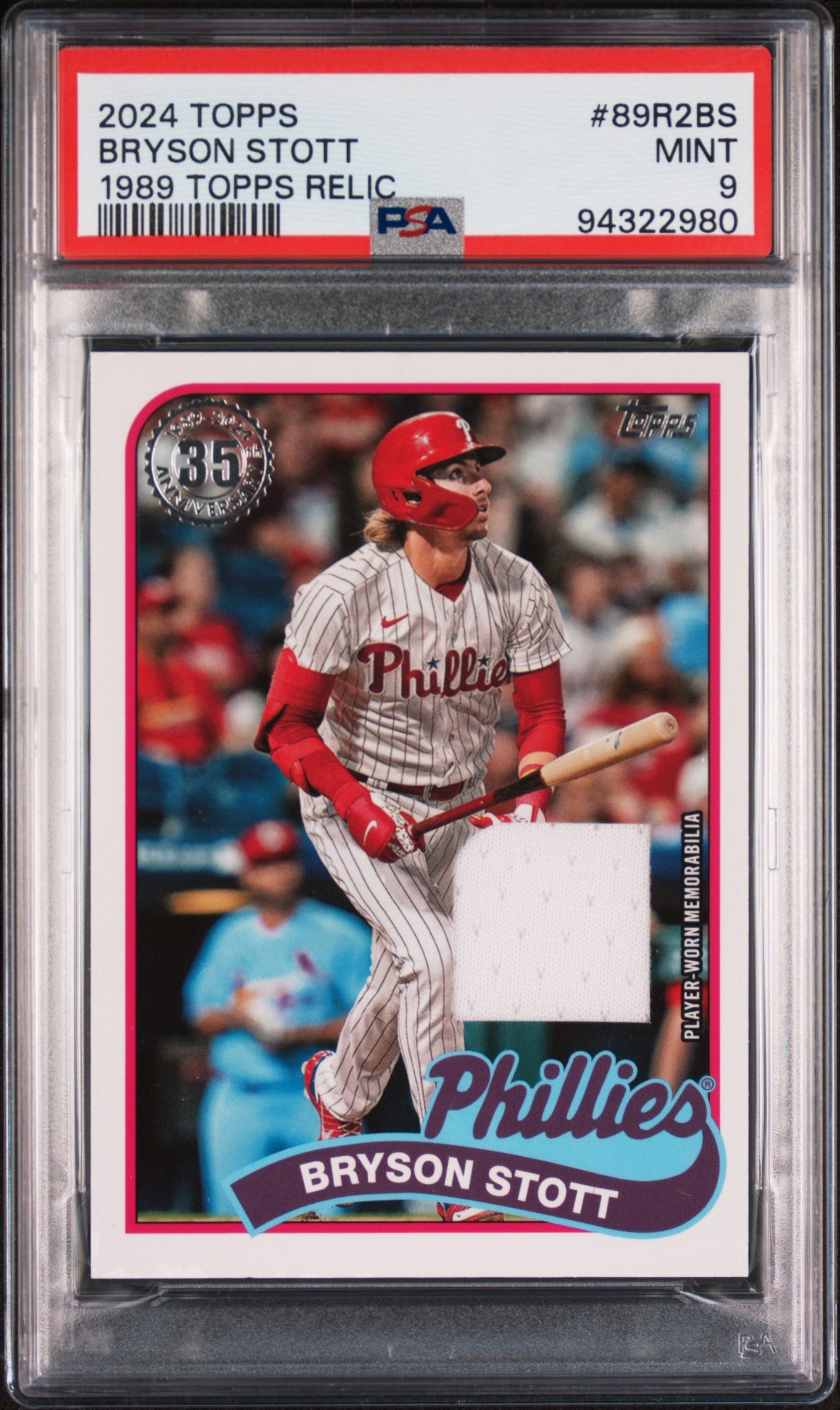 Bryson Stott 2024 Topps 1989 Player Worn Jersey Relic PSA 9