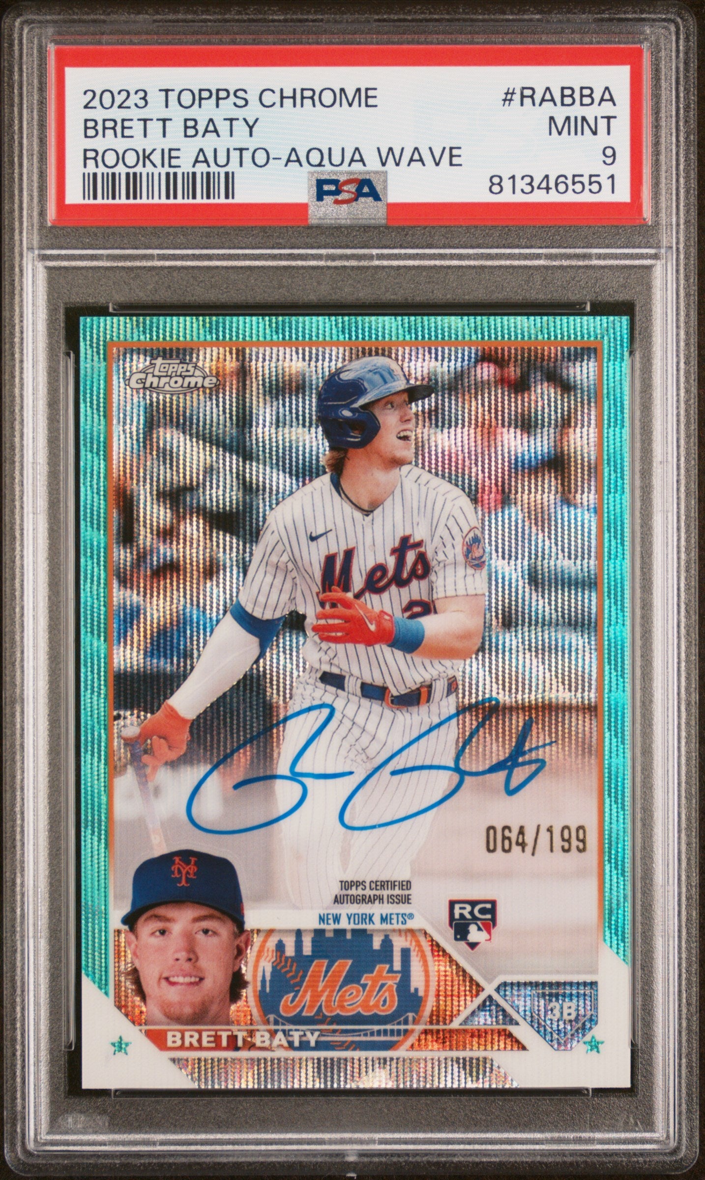 2023 Topps Chrome Brett Baty Auto Aqua Wave #RABBA PSA 9