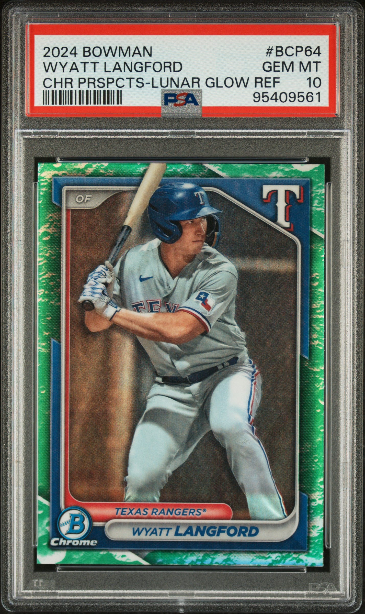 2024 Bowman Wyatt Langford Chrome Prospects Lunar Glow Refractor PSA 10