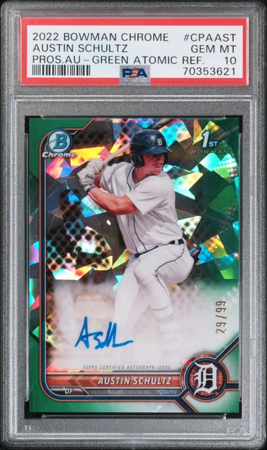 2022 Bowman Chrome Austin Schultz Auto Green Atomic Refractor PSA 10