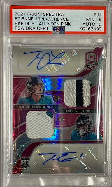 2021 Spectra Etienne/Lawrence Rookie Dual Patch Autographs Neon Pink #JJ PSA 9, Auto 10