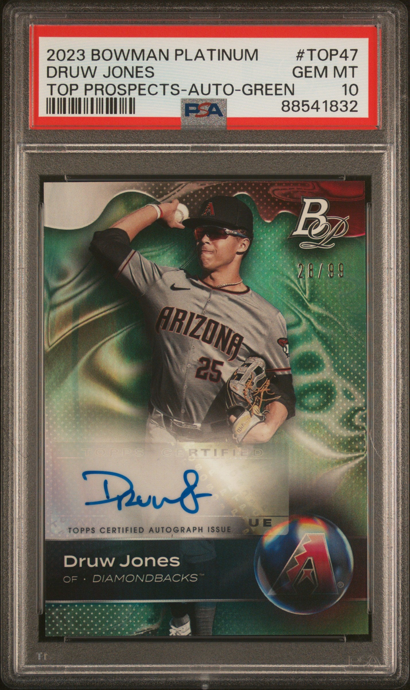 2023 Bowman Platinum Druw Jones Top Prospects Auto Green #TOP47 PSA 10