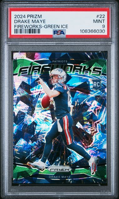 2024 Panini Prizm Drake Maye Fireworks Green Ice PSA 9