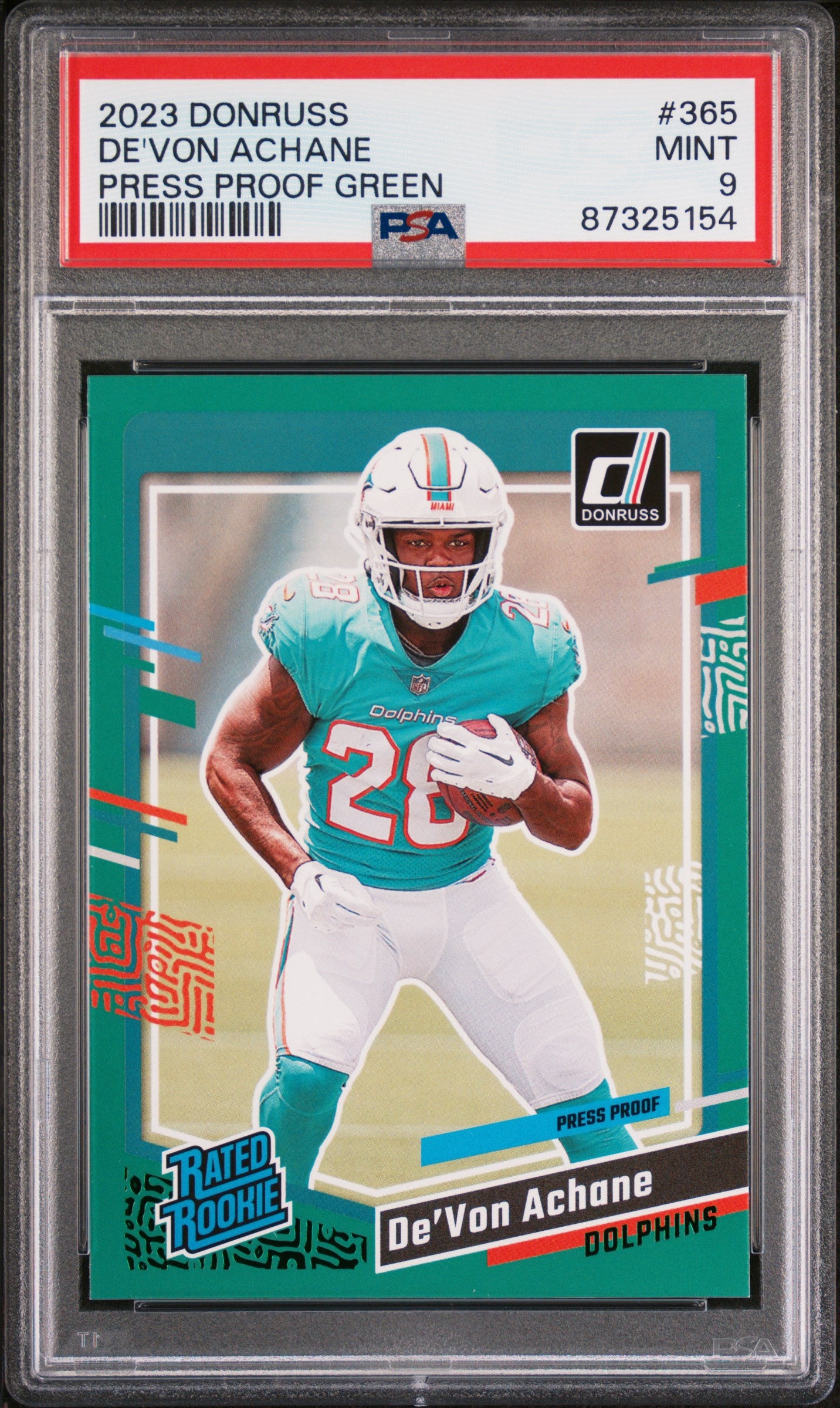 2023 Panini Donruss De'Von Achane #365 Press Proof Green PSA 9