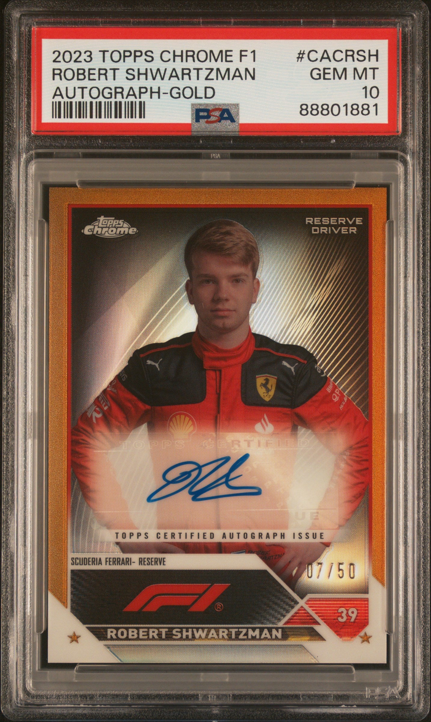 Robert Shwartzman 2023 Topps Chrome Formula 1 Chrome Autographs Autograph Gold #CACRSH PSA 10