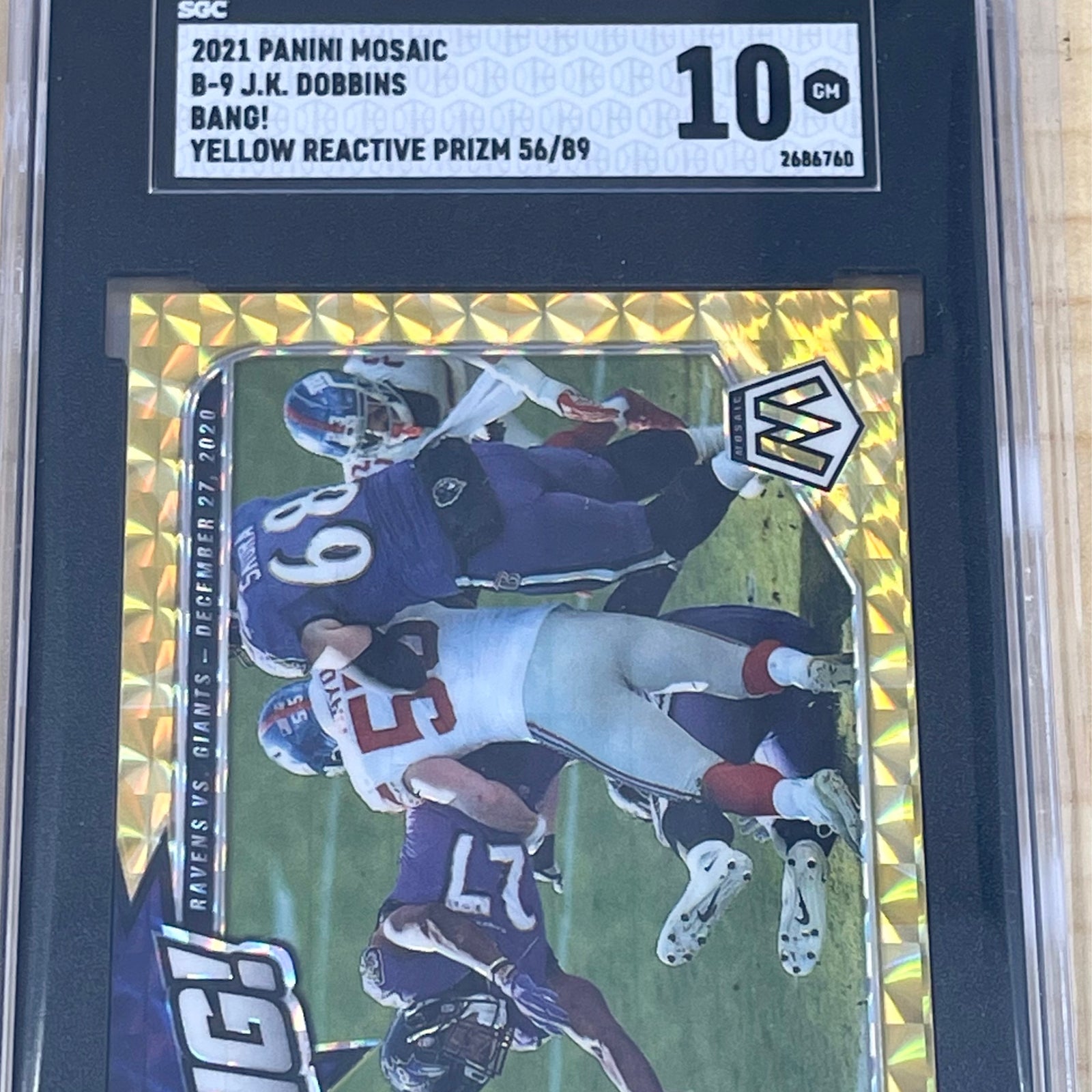 2021 Panini Mosaic JK Dobbins B-9 Yellow Reactive Prizm /89 SGC 10