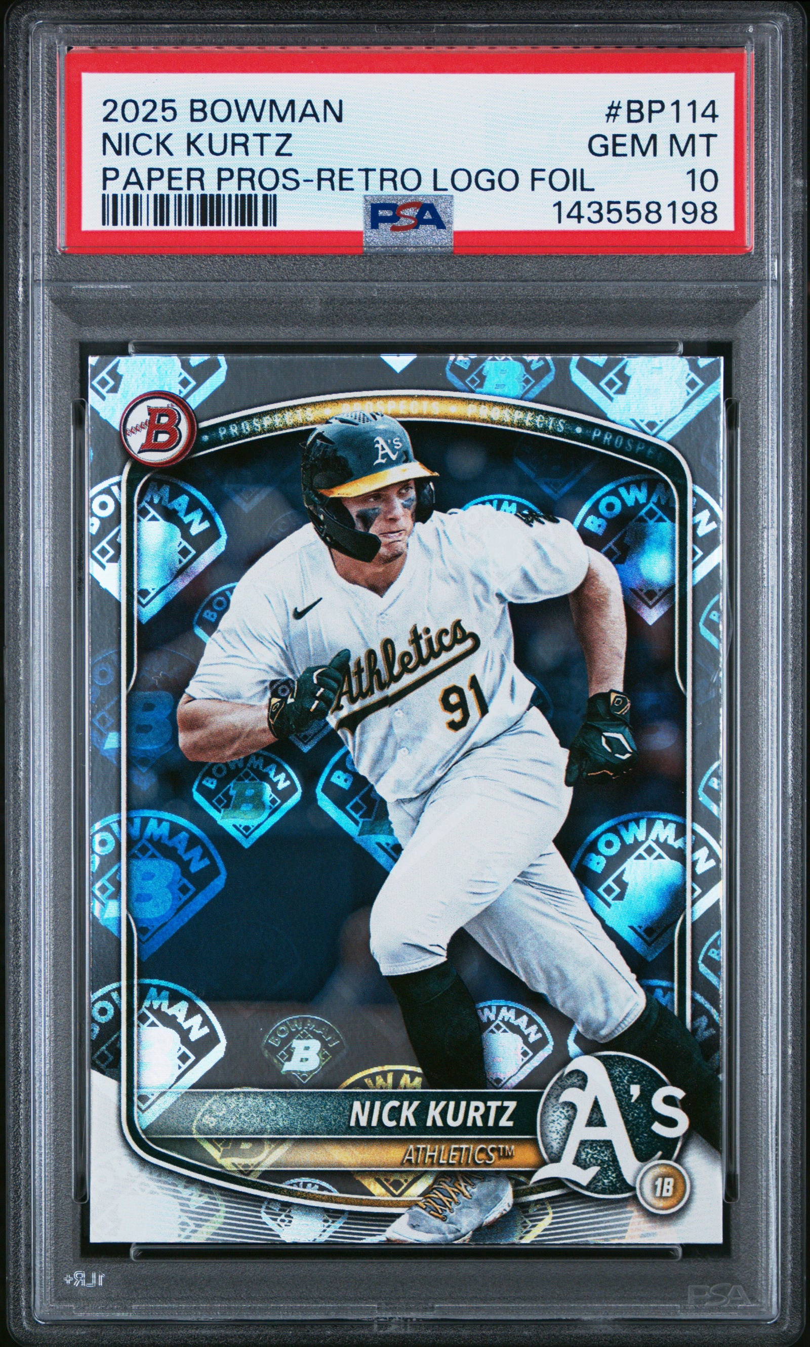 2025 Bowman Paper Prospects Bp114 Nick Kurtz Bowman Retro Logo Foil Pattern PSA 10