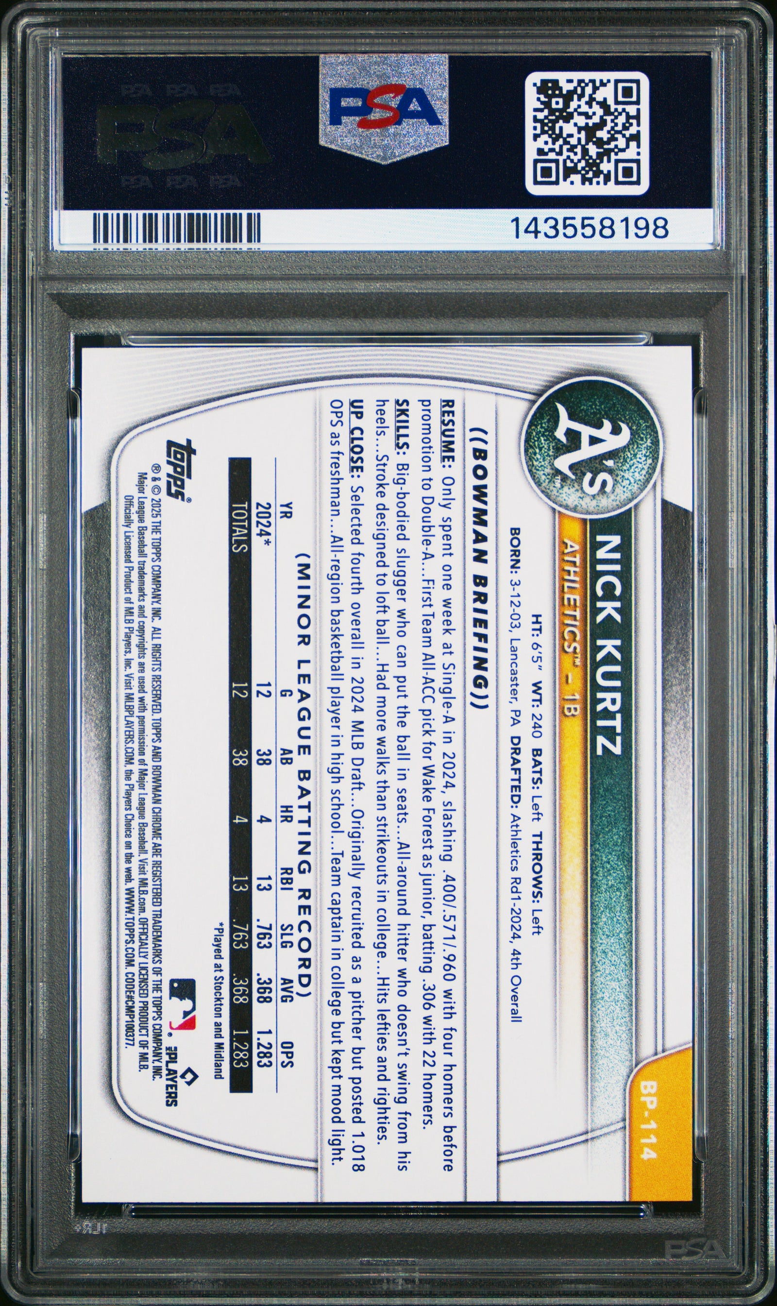 2025 Bowman Paper Prospects Bp114 Nick Kurtz Bowman Retro Logo Foil Pattern PSA 10