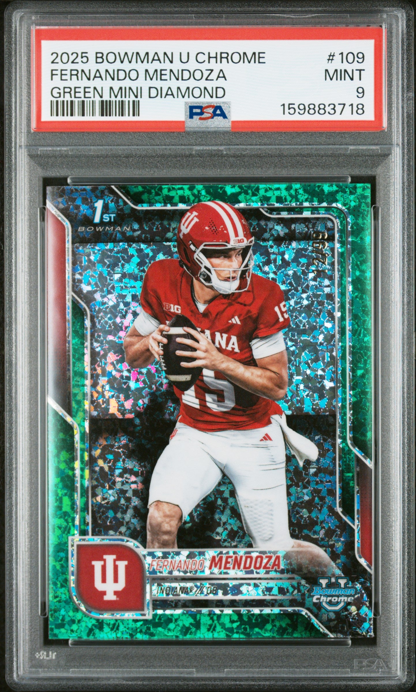 2025 BOWMAN UNIVERSITY CHROME 109 FERNANDO MENDOZA GREEN MINI DIAMOND PSA 9 - front