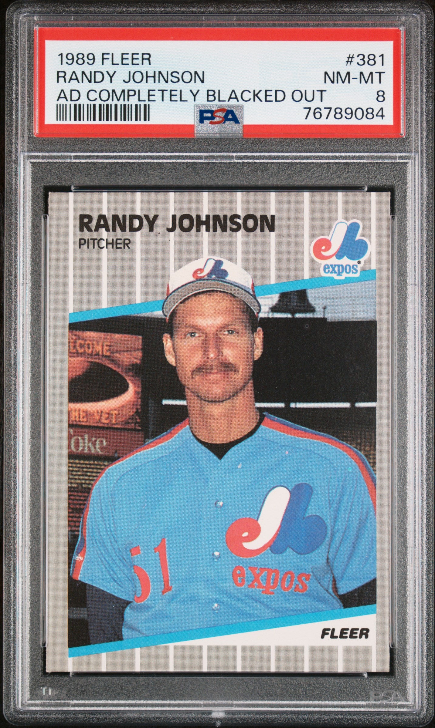 1989 FLEER 381 RANDY JOHNSON AD COMPLETELY BLACKED OUT PSA 8 - front